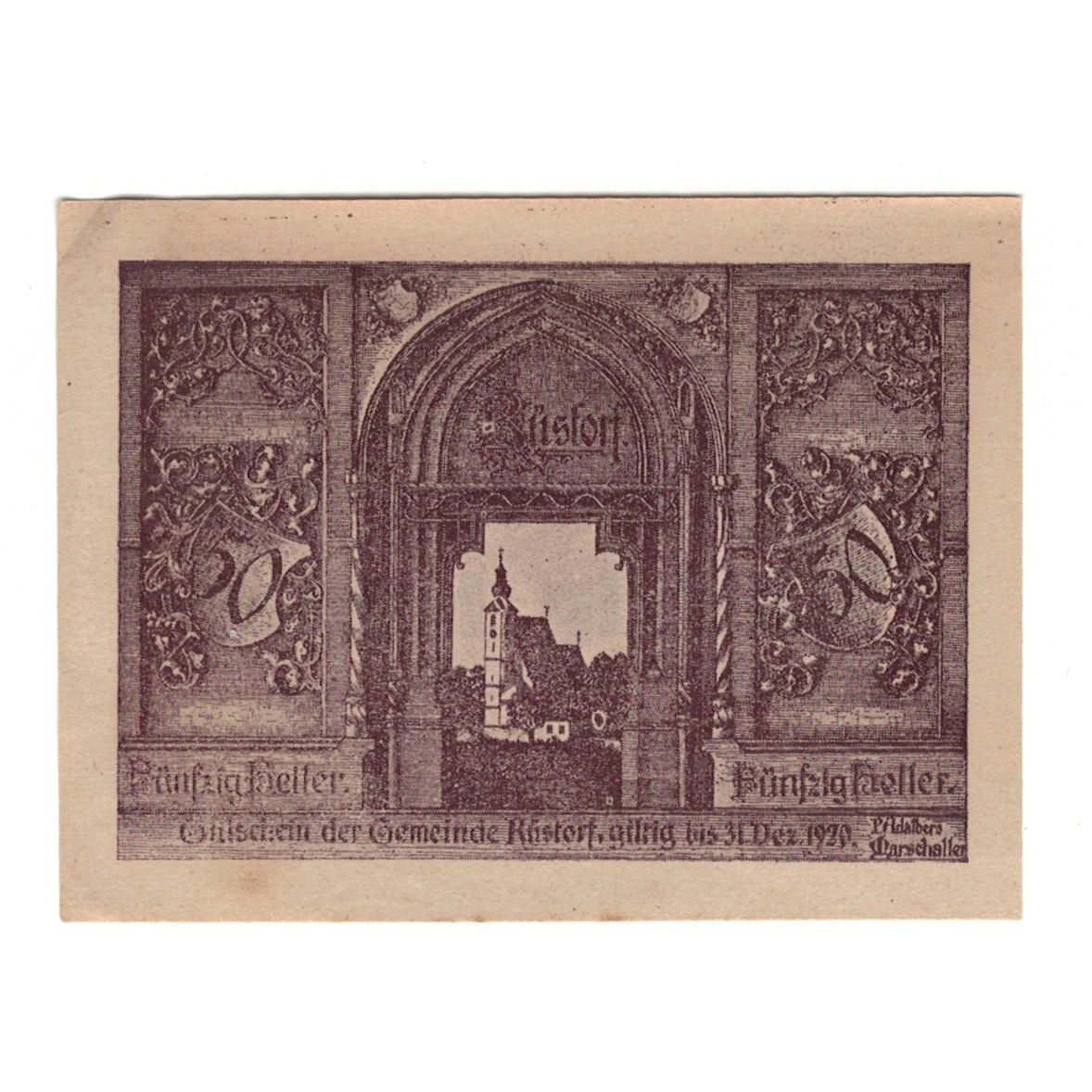 Banknote, Austria, Rustorf, 50 Heller, Eglise, 1920, 1920-12-31, AU(55-58)