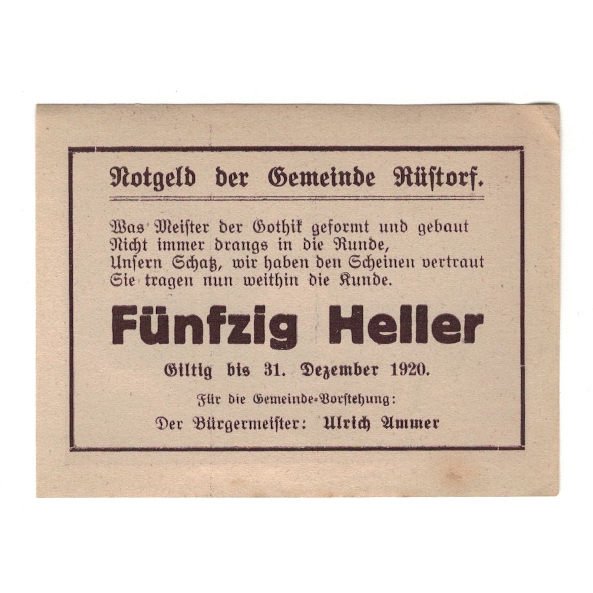 Banknote, Austria, Rustorf, 50 Heller, Eglise, 1920, 1920-12-31, AU(55-58)