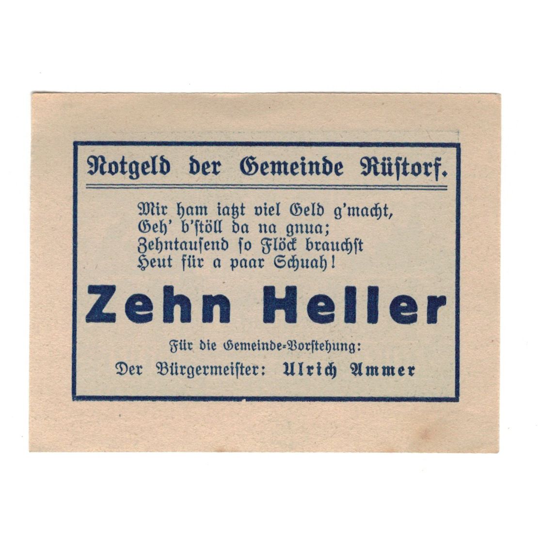 Banconote, Austria, Rüstorf O.Ö. Gemeinde, 10 Heller, Texte, 1920, 1920-12-31