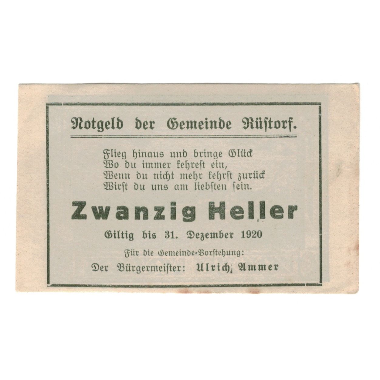 Banconote, Austria, Rüstorf O.Ö. Gemeinde, 20 Heller, Texte, 1920, 1920-12-31
