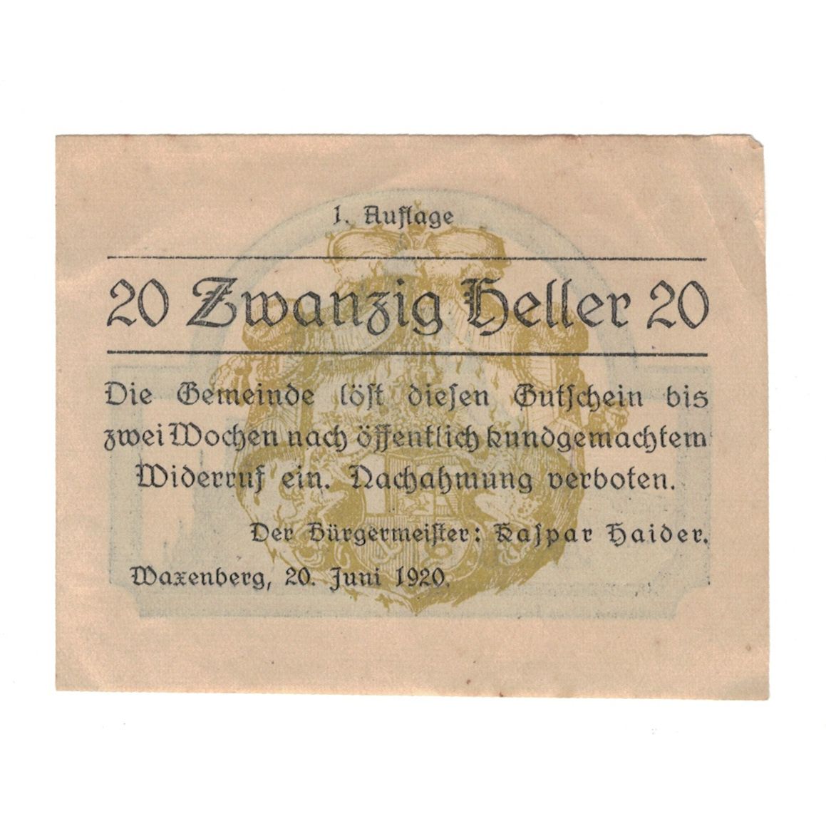 Banknote, Austria, Waxenberg O.Ö. Gemeinde, 20 Heller, château, 1920