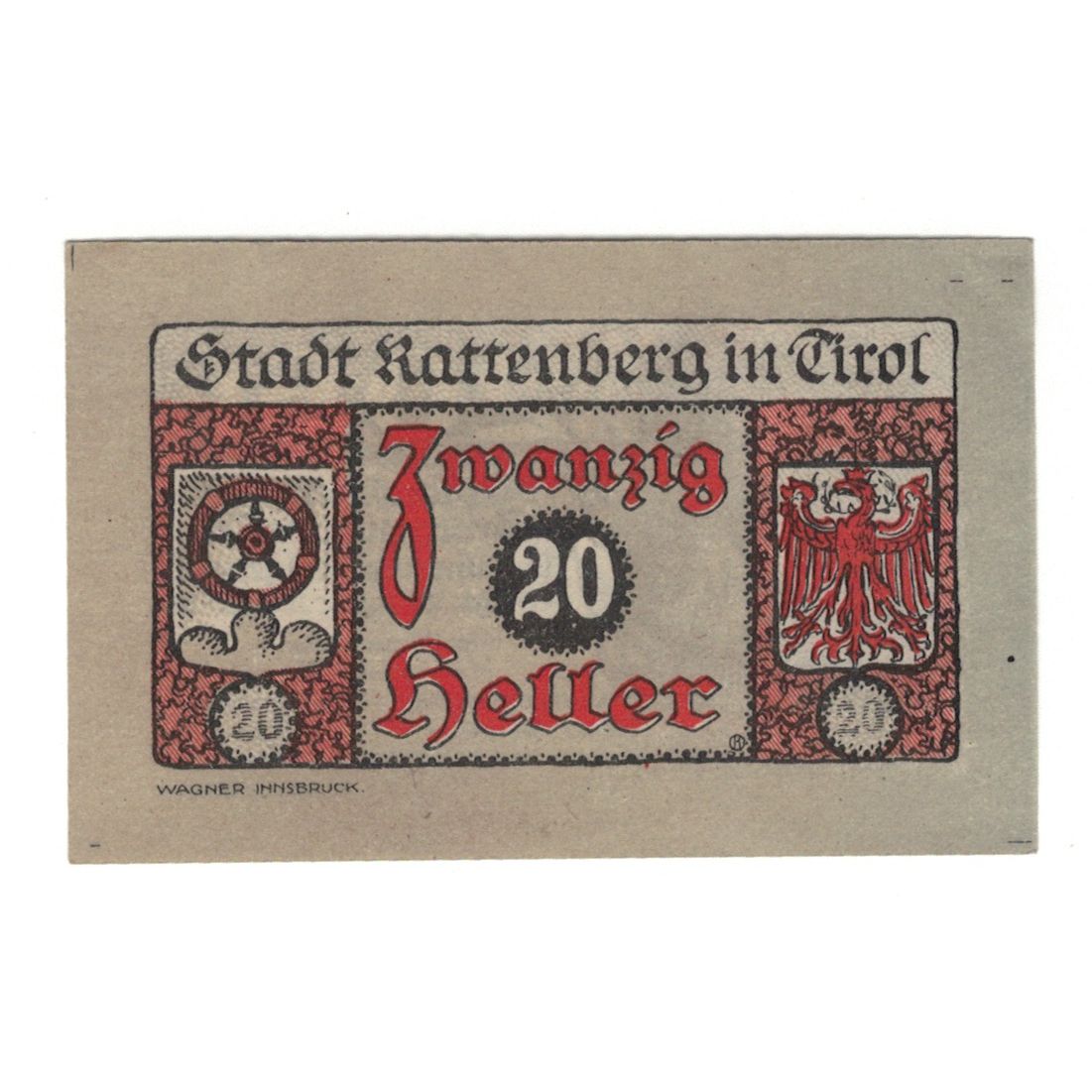 Banknote, Austria, Rattenberg Tirol Stadt, 20 Heller, personnage, 1920