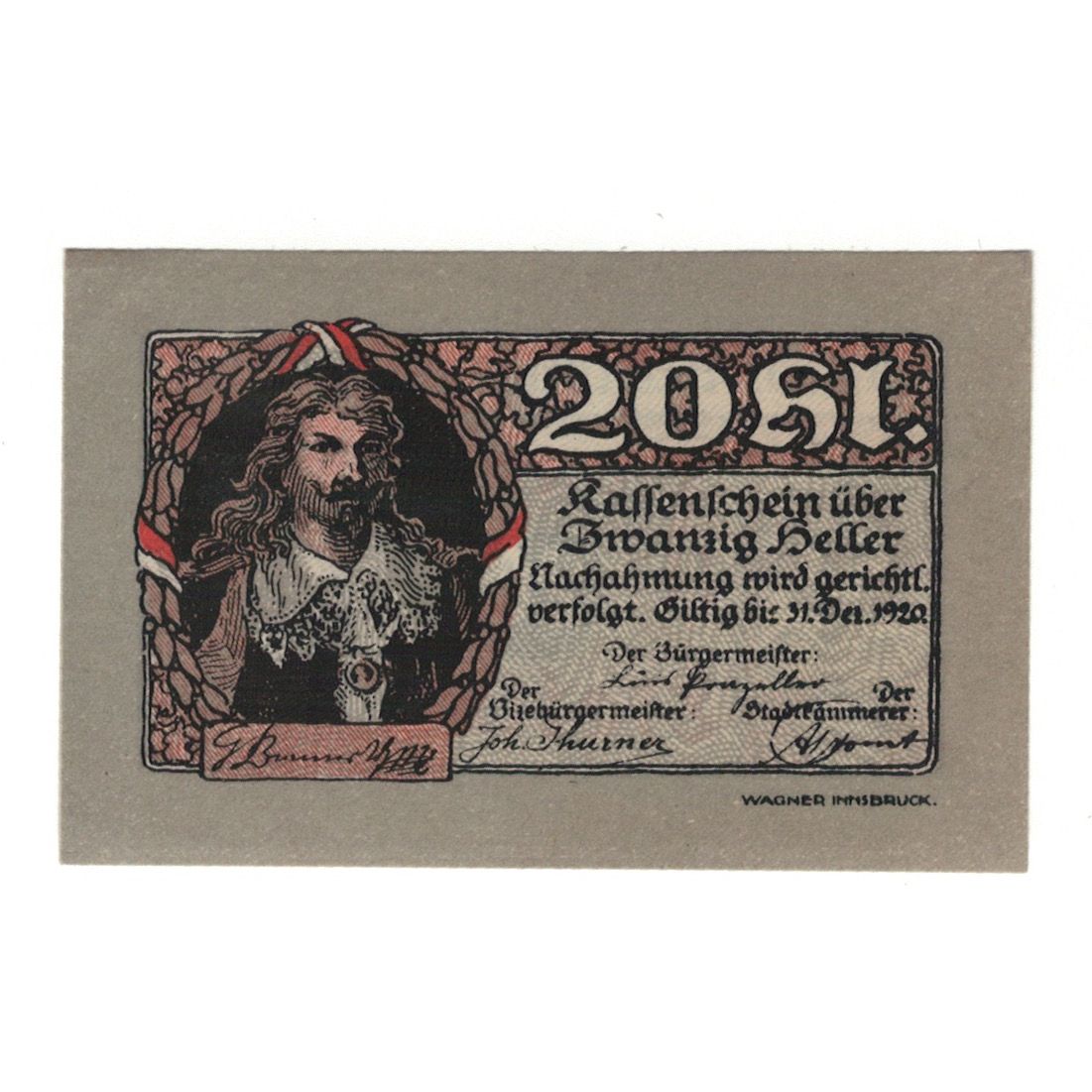 Banknote, Austria, Rattenberg Tirol Stadt, 20 Heller, personnage, 1920