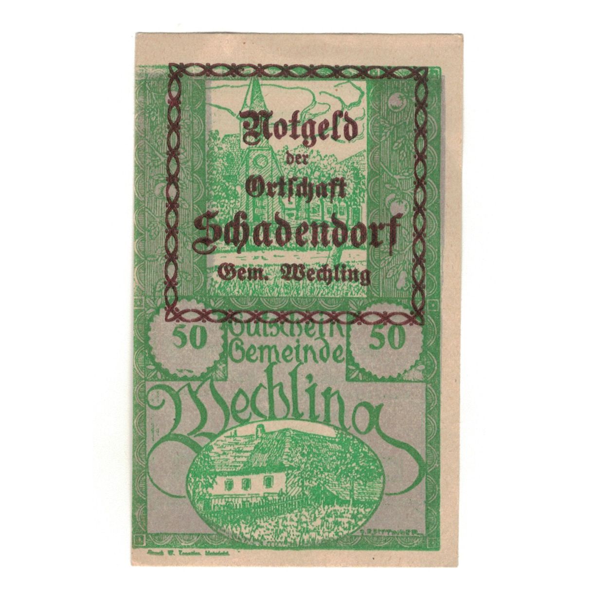 Geldschein, Österreich, Wechling N.Ö. Gemeinde, 50 Heller, Texte, 1920