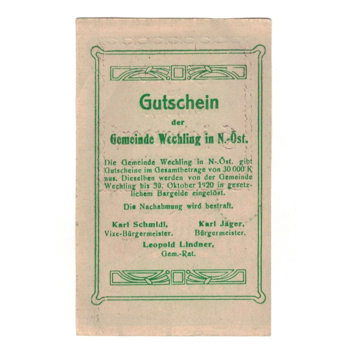 Geldschein, Österreich, Wechling N.Ö. Gemeinde, 50 Heller, Texte, 1920