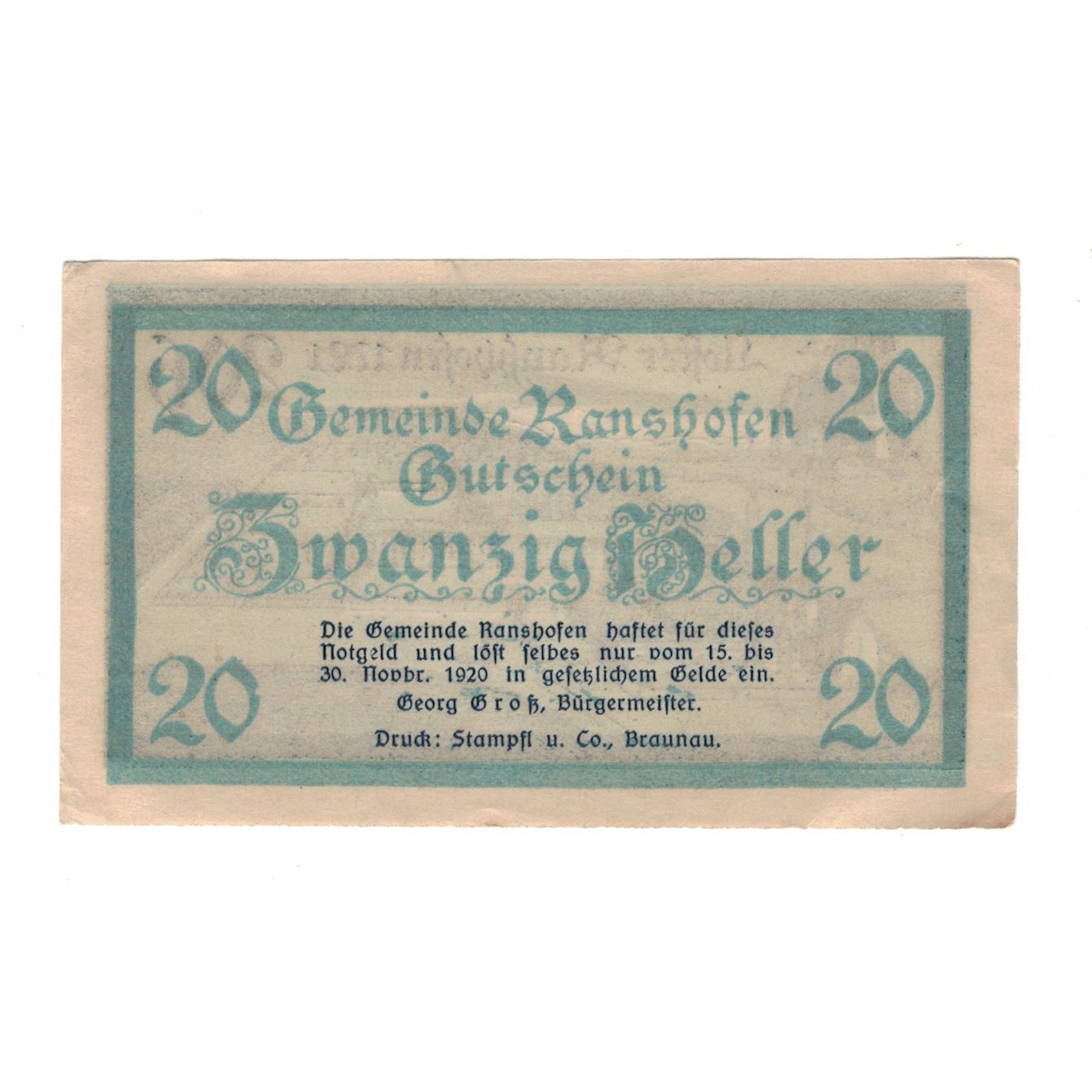 Banknote, Austria, Ranshofen O.Ö. Gemeinde, 20 Heller, Monument, 1920