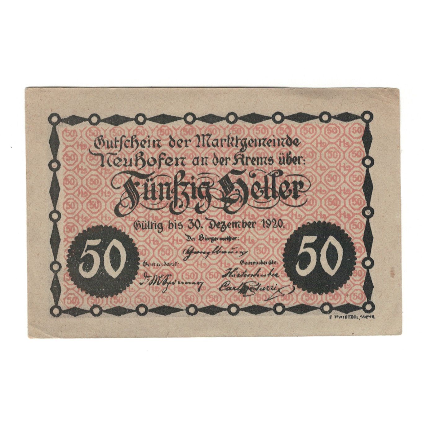 Banknote, Austria, Neuhofen an der Krems O.Ö. Marktgemeinde, 50 Heller, Texte