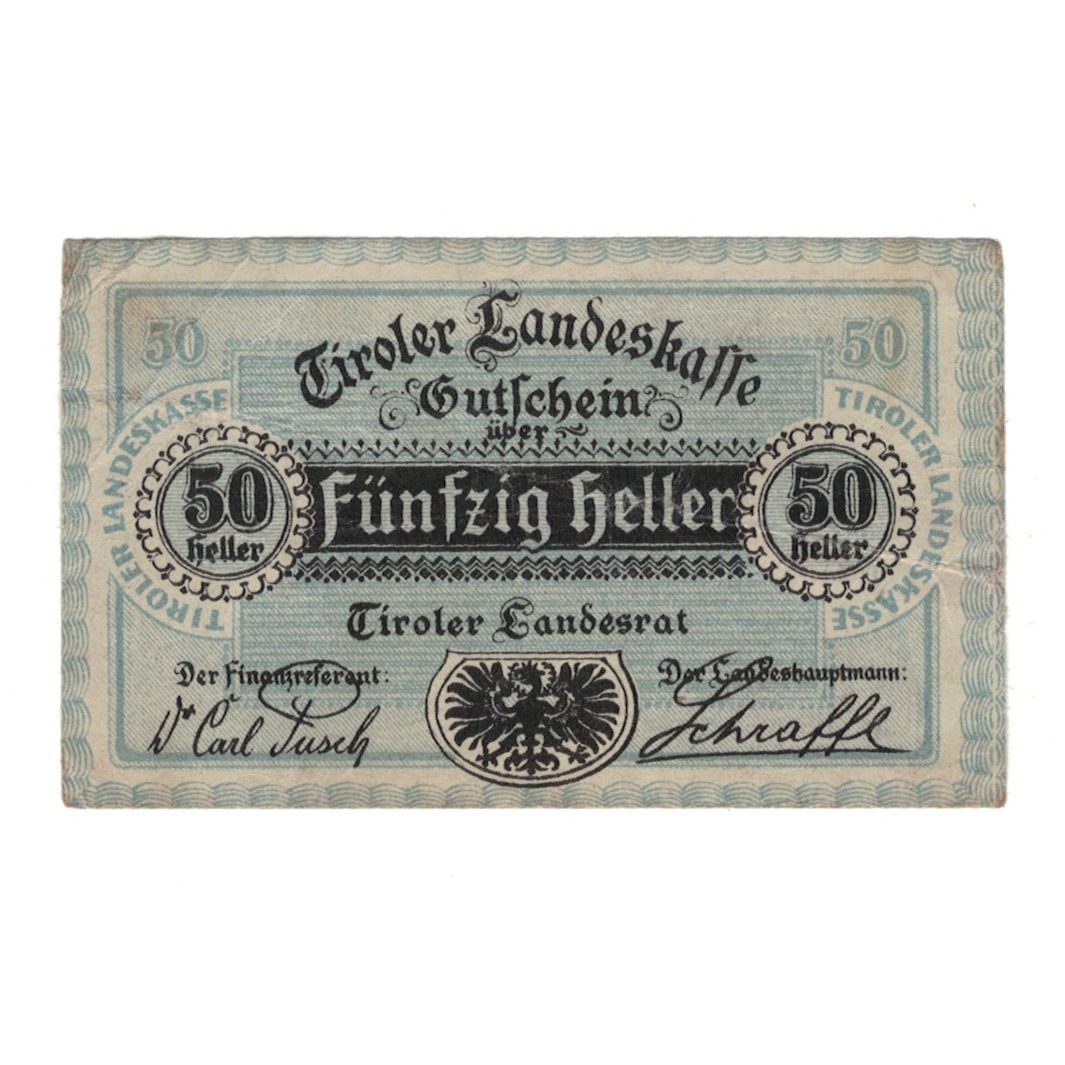 Biljet, Oostenrijk, Tiroler Landeskasse Tirol Land, 50 Heller, Texte, 1920