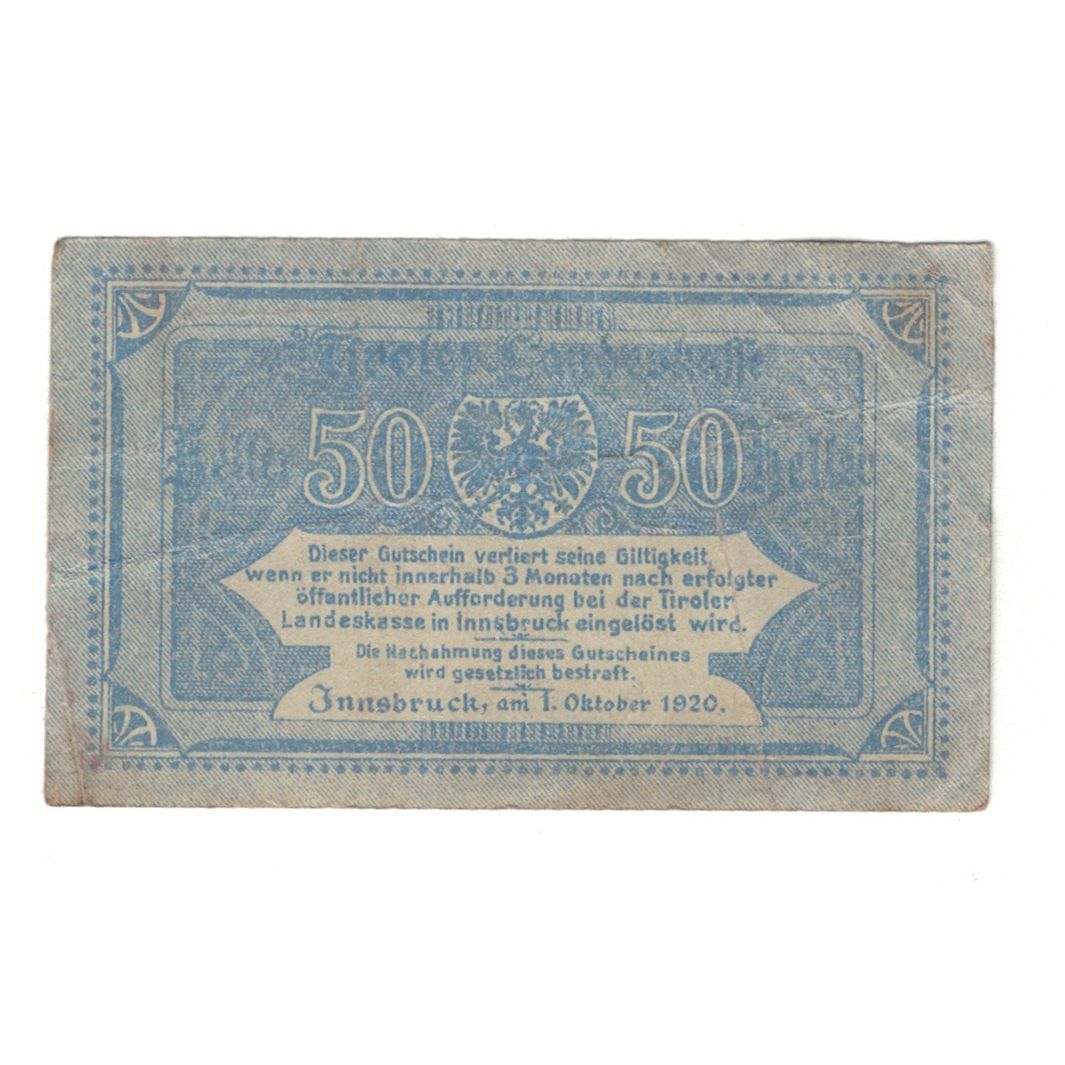 Biljet, Oostenrijk, Tiroler Landeskasse Tirol Land, 50 Heller, Texte, 1920