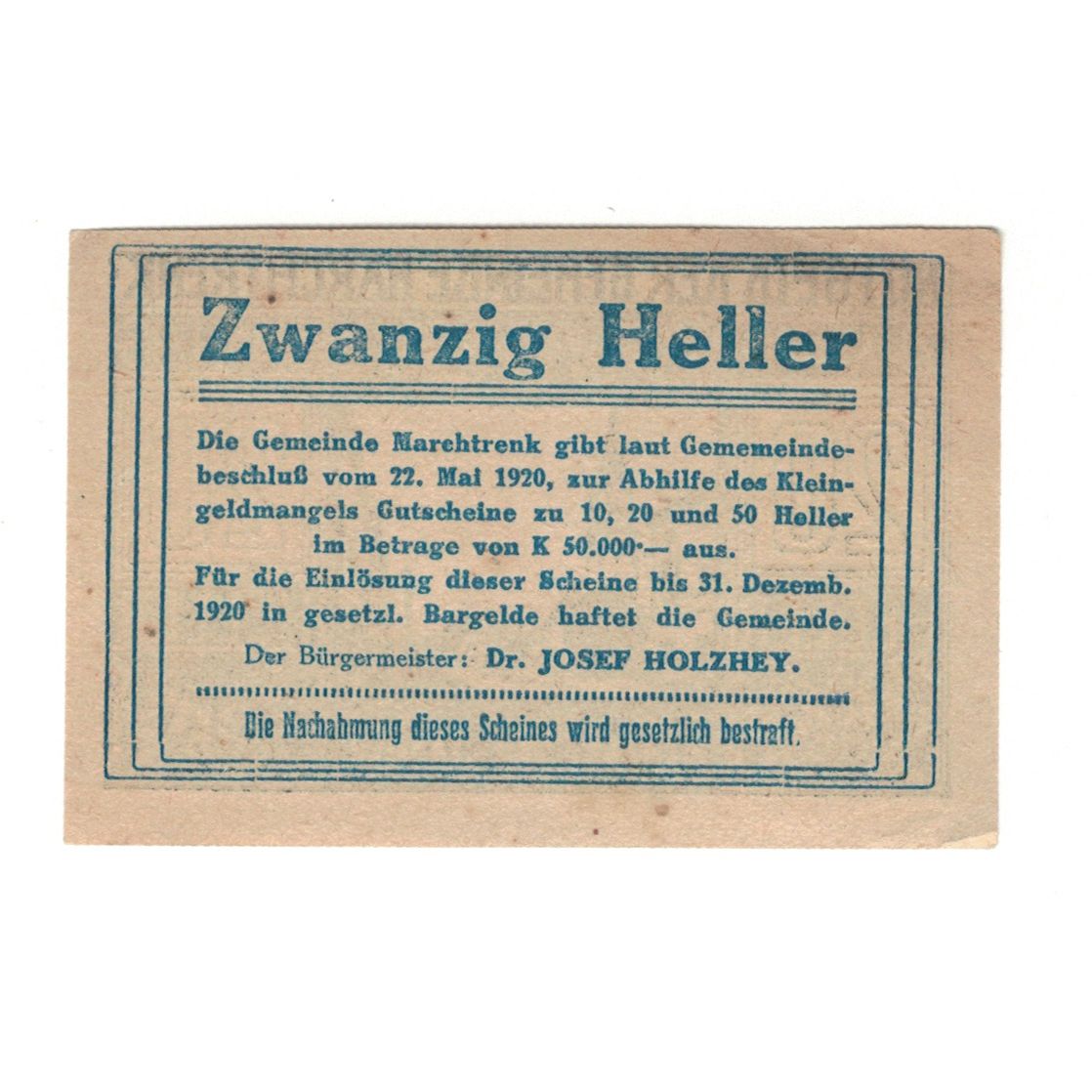 Nota, Áustria, Marchtrenk O.Ö. Gemeinde, 20 Heller, Texte, 1920, 1920-12-31