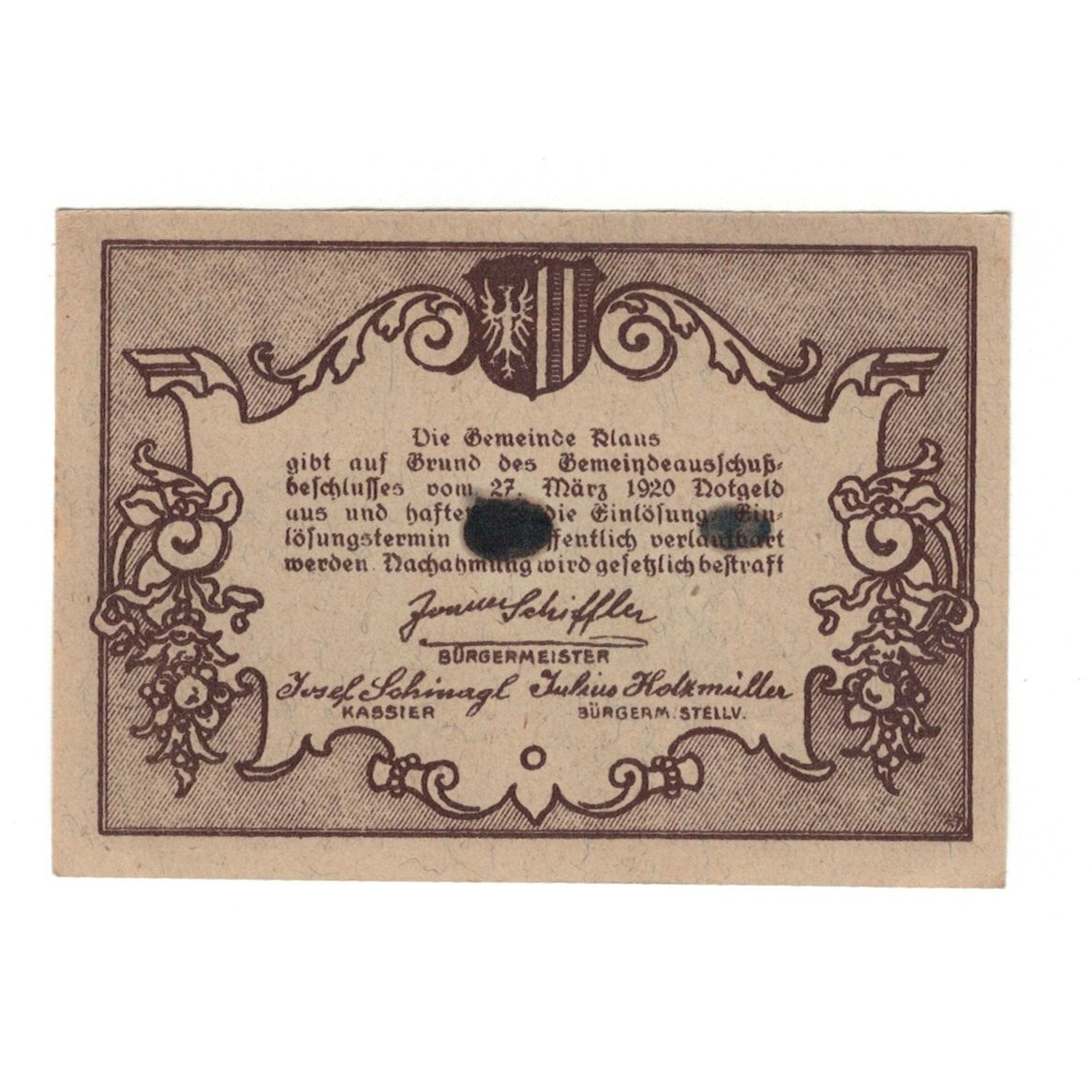 Banknote, Austria, Klaus O.Ö. Gemeinde, 20 Heller, paysage, 1920, 1920-03-27