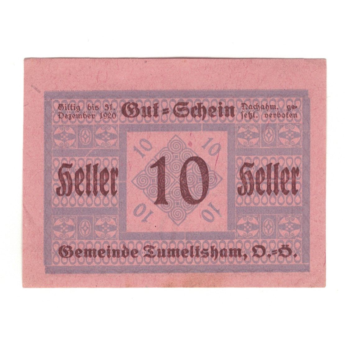 Banknote, Austria, Tumeltsham O.Ö. Gemeinde, 10 Heller, Texte, 1920