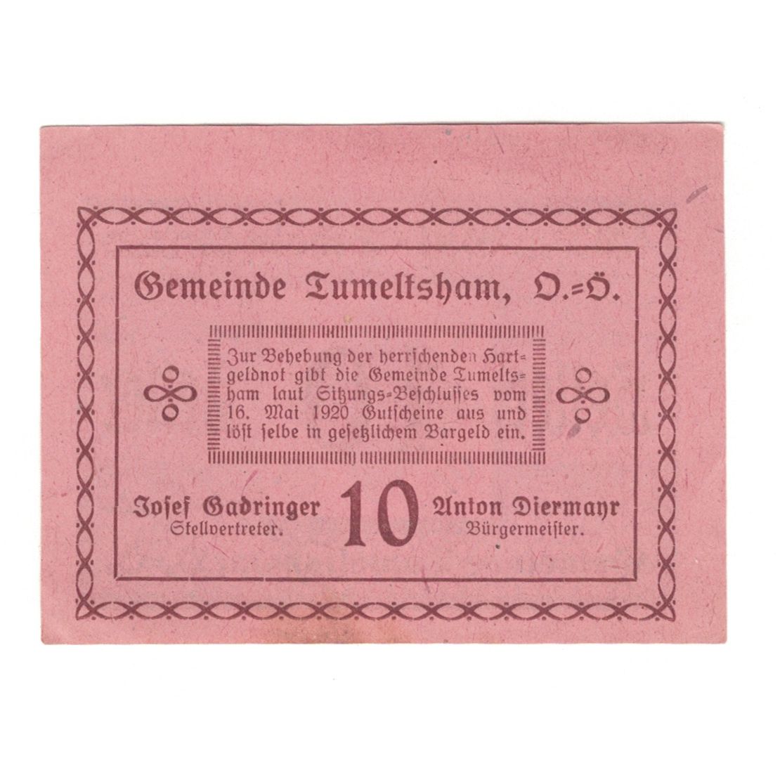 Banknote, Austria, Tumeltsham O.Ö. Gemeinde, 10 Heller, Texte, 1920
