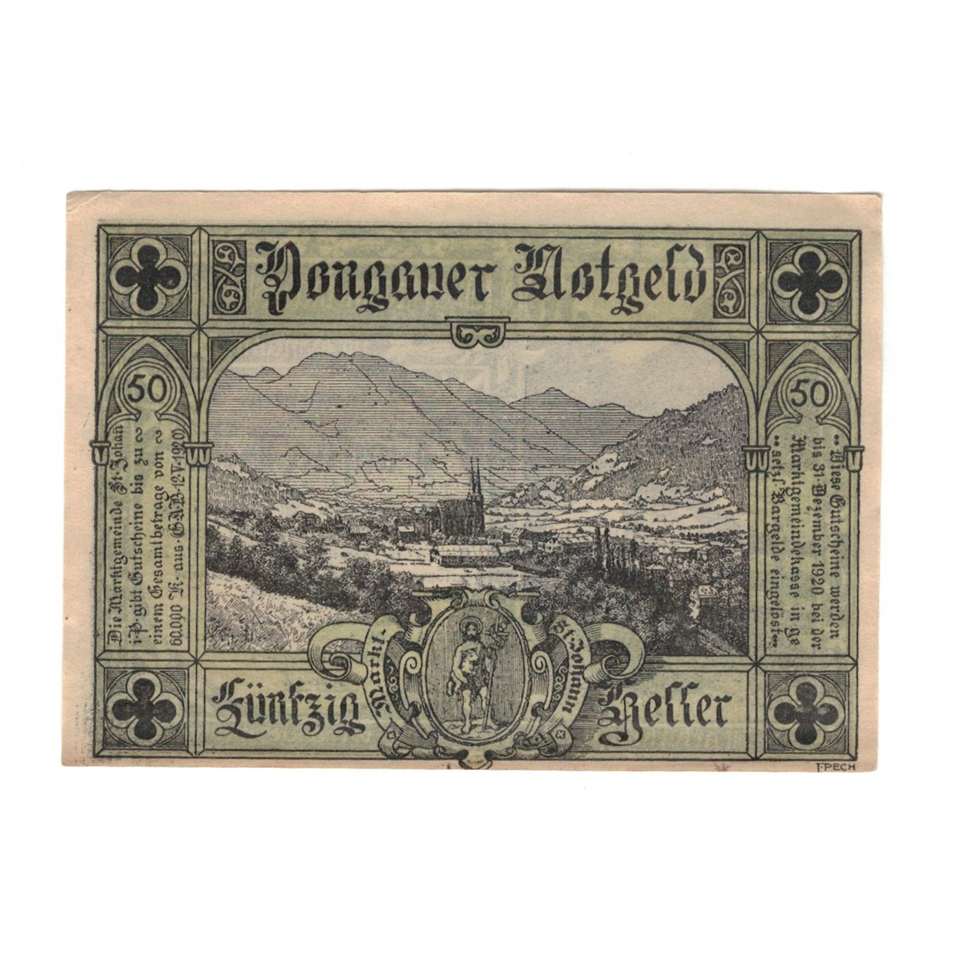 Banknote, Austria, St. Johann im Pongau Sbg. Marktgemeinde, 50 Heller