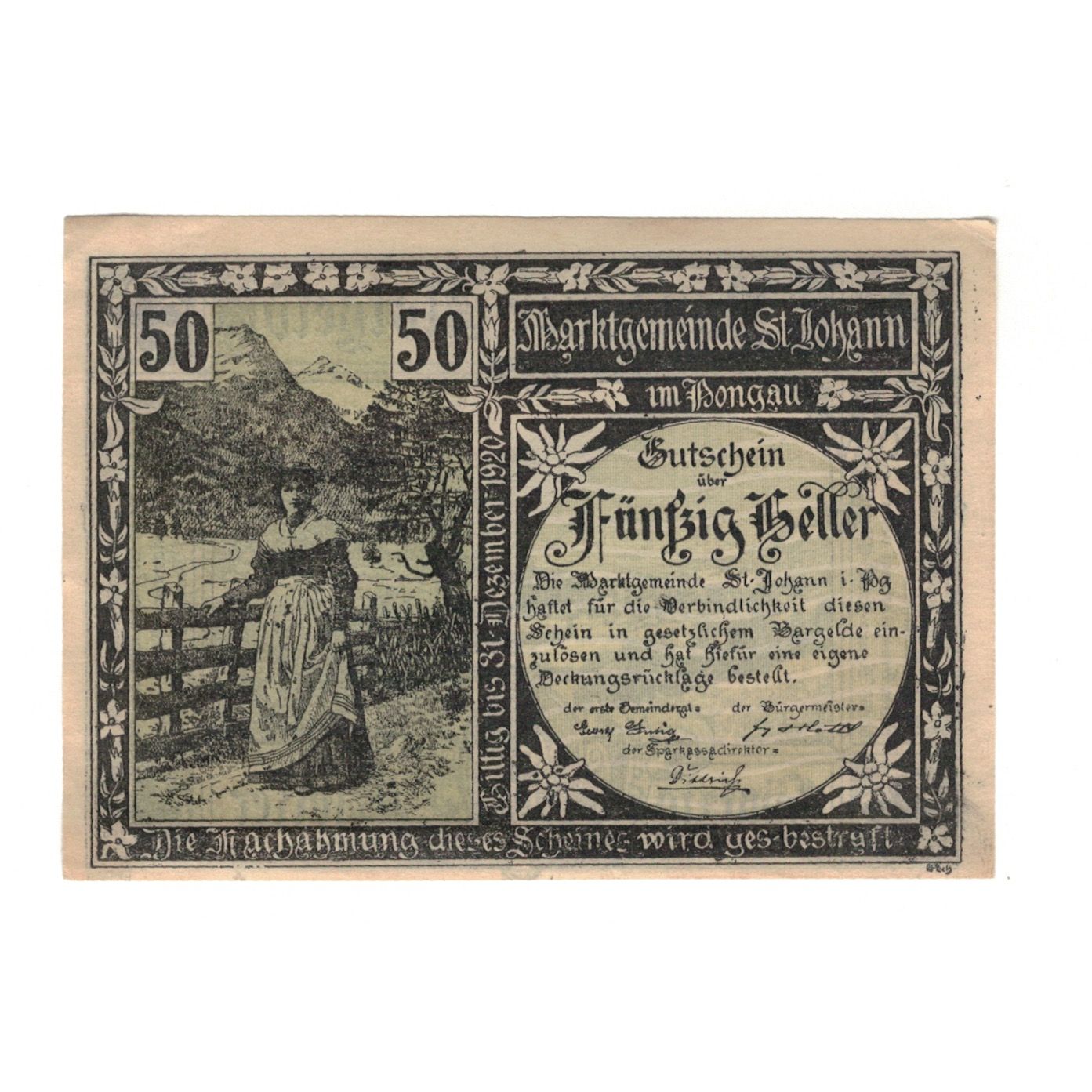 Banknote, Austria, St. Johann im Pongau Sbg. Marktgemeinde, 50 Heller