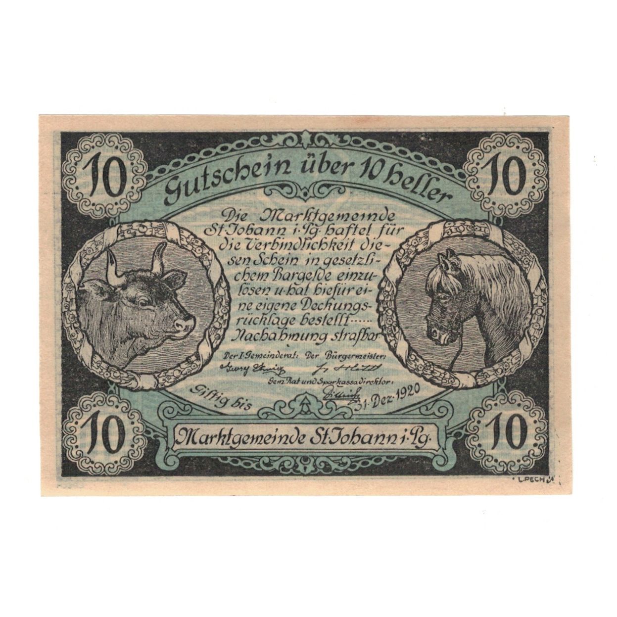 Banknote, Austria, St. Johann im Pongau Sbg. Marktgemeinde, 10 Heller