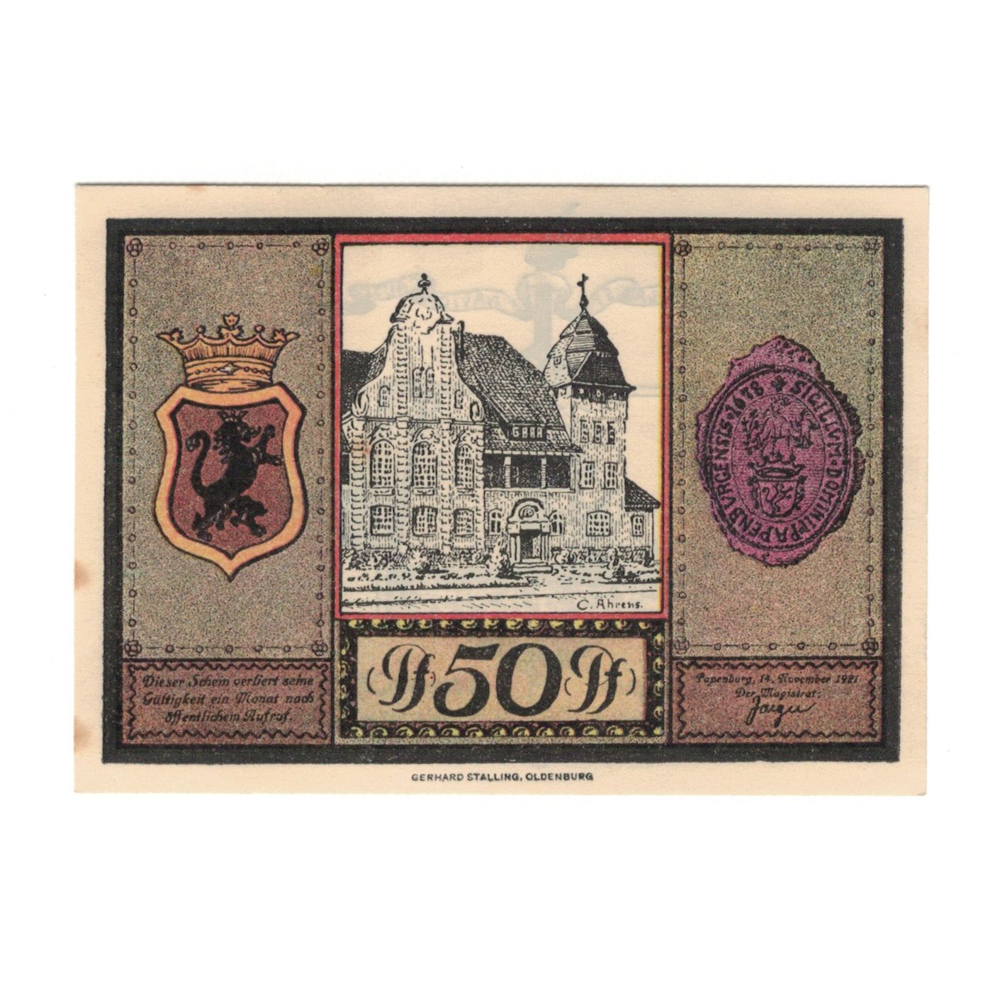 Billete, Alemania, Papenburg Stadt, 50 Pfennig, Batiment, 1921, 1921-11-14, EBC