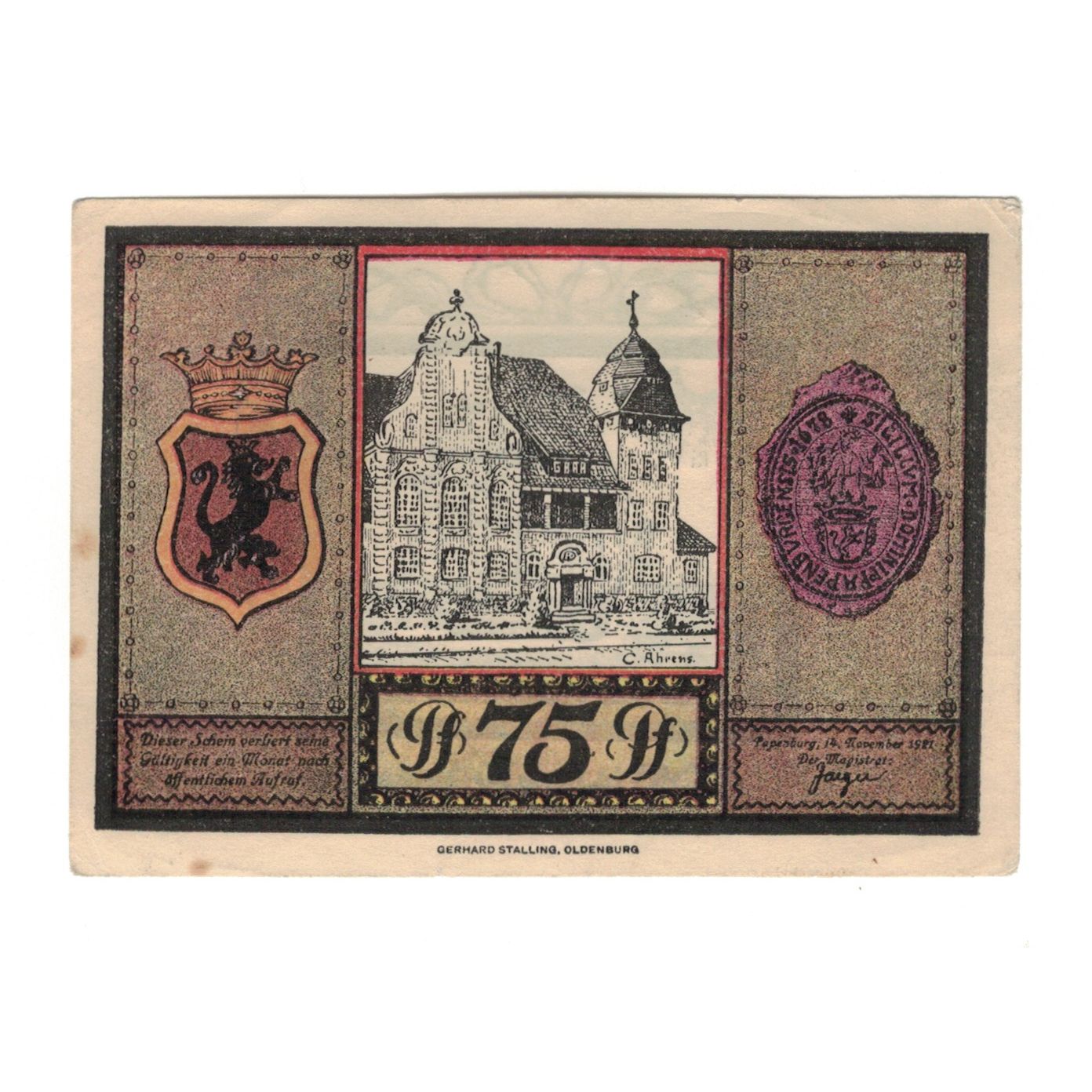 Banconote, Germania, Papenburg Stadt, 75 Pfennig, Batiment, 1921, 1921-11-14