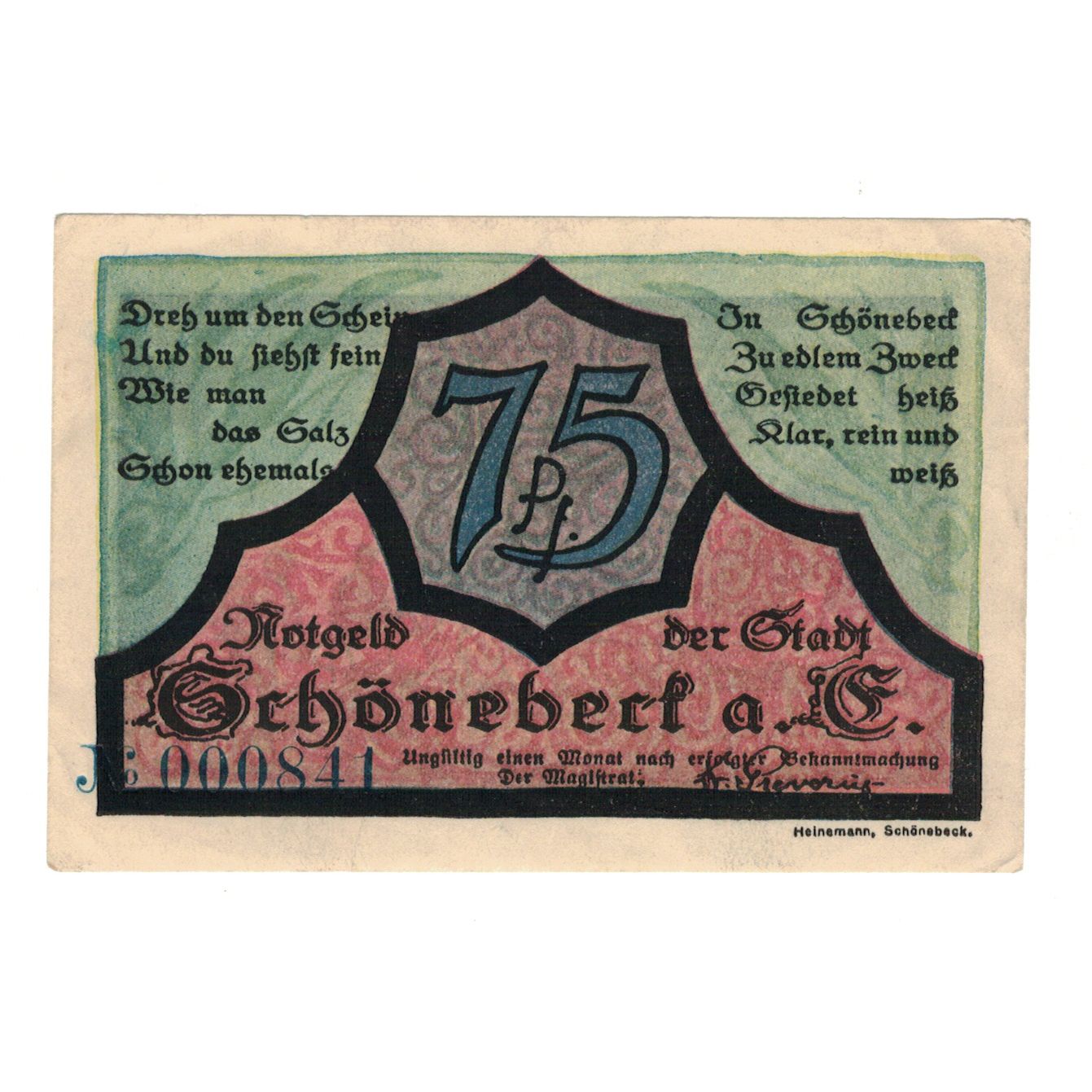 Nota, Alemanha, Schönebeck a.d Elbe, 75 Pfennig, personnage, 1921, AU(55-58)