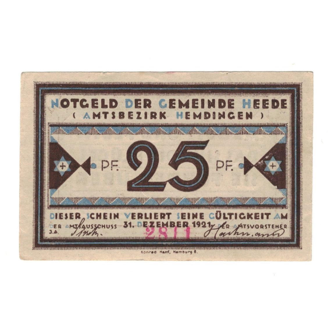 Banknote, Germany, Heede, 25 Pfennig, Texte, 1921, 1921-12-31, AU(55-58)