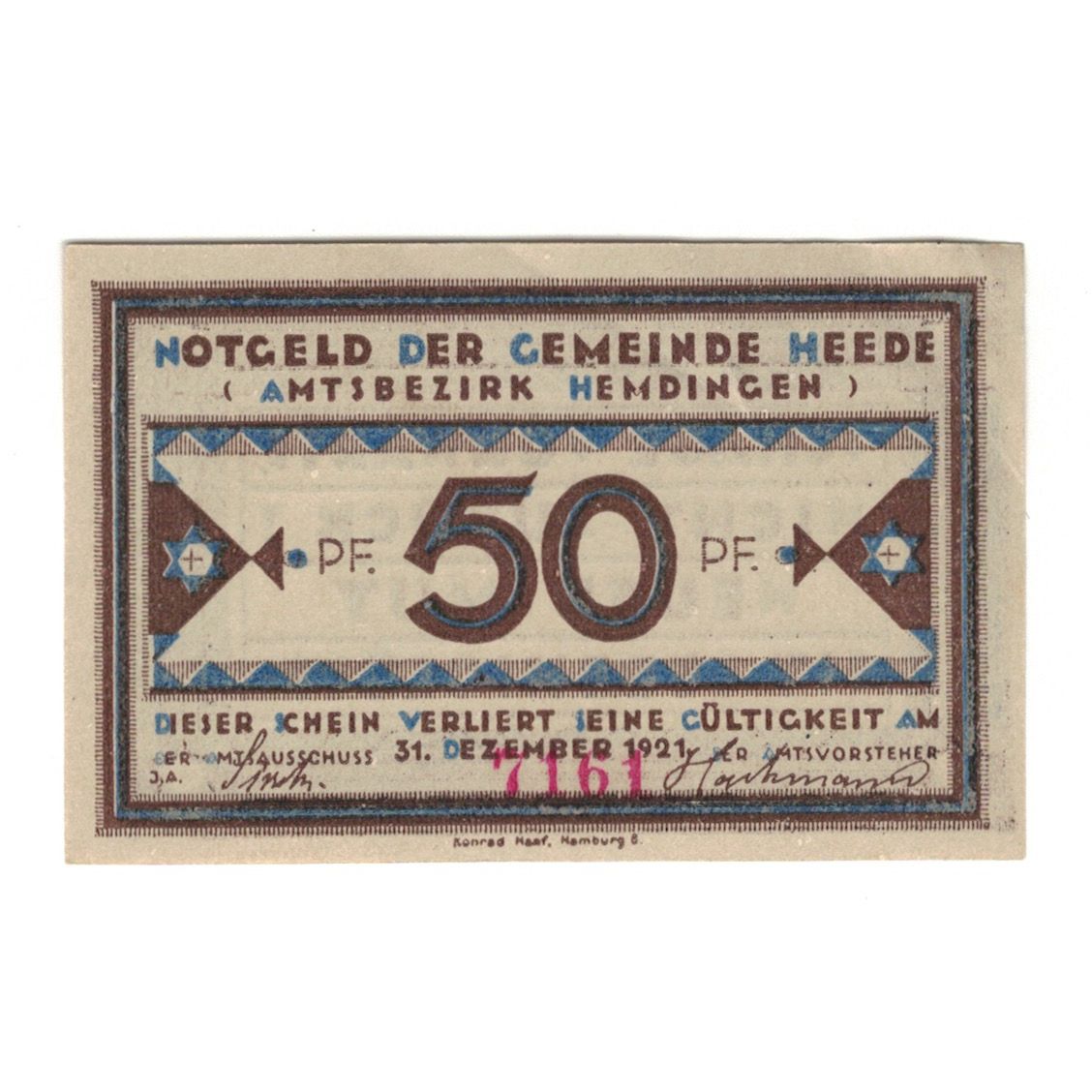 Banknot, Niemcy, Heede, 50 Pfennig, Texte, 1921, 1921-12-31, AU(55-58)