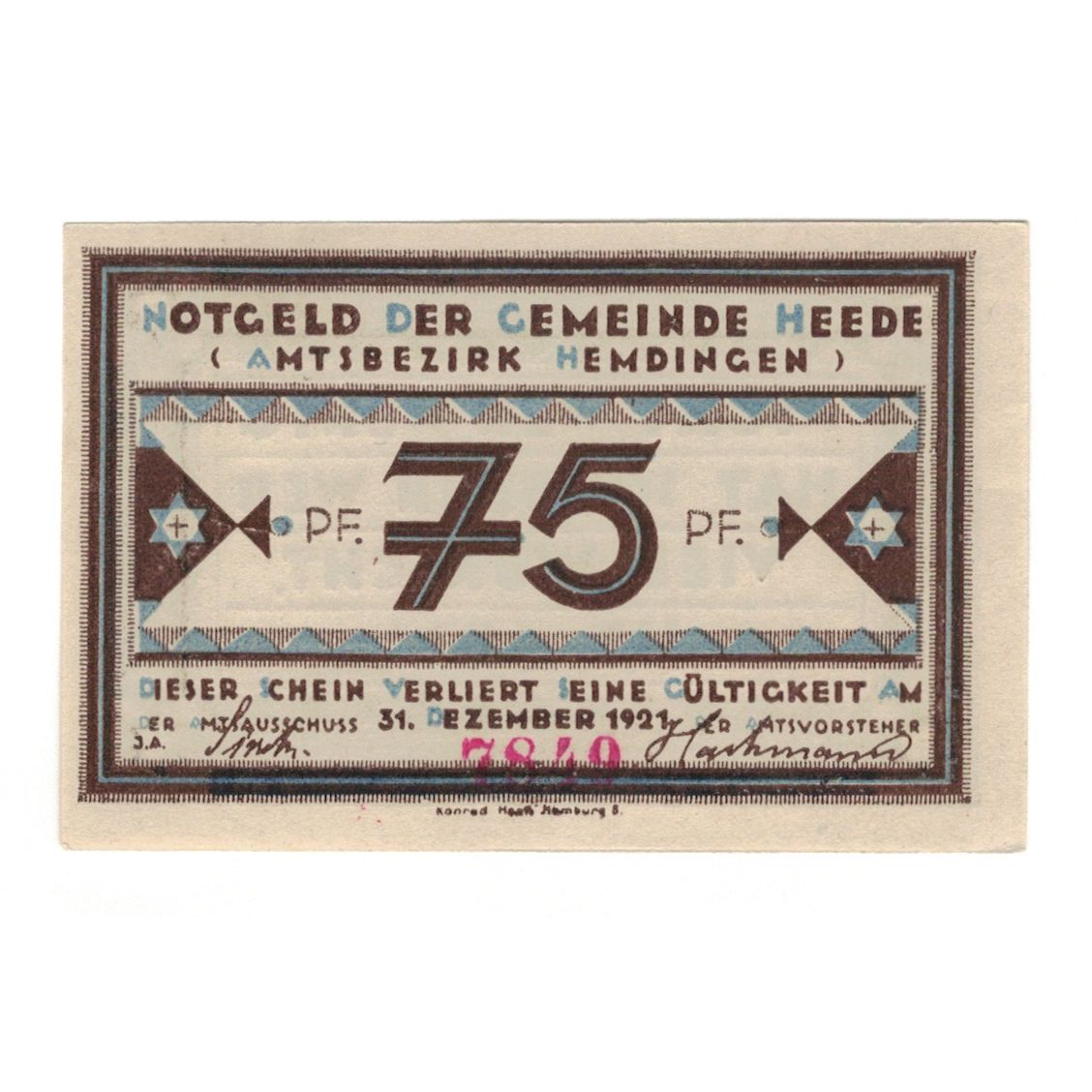 Banknote, Germany, Heede, 75 Pfennig, Texte, 1921, 1921-12-31, AU(55-58)