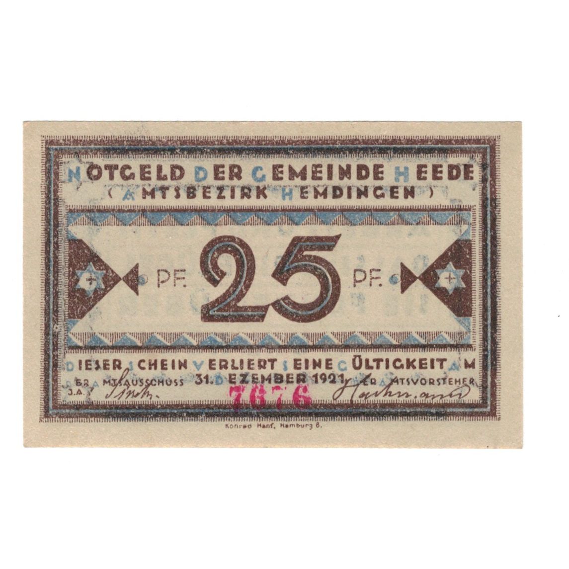 Banknote, Germany, Heede, 25 Pfennig, texte 1, 1921, 1921-12-31, AU(55-58)