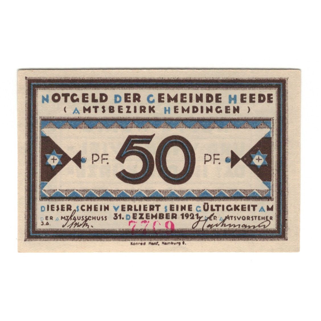 Banknote, Germany, Heede, 50 Pfennig, texte 1, 1921, 1921-12-31, AU(55-58)