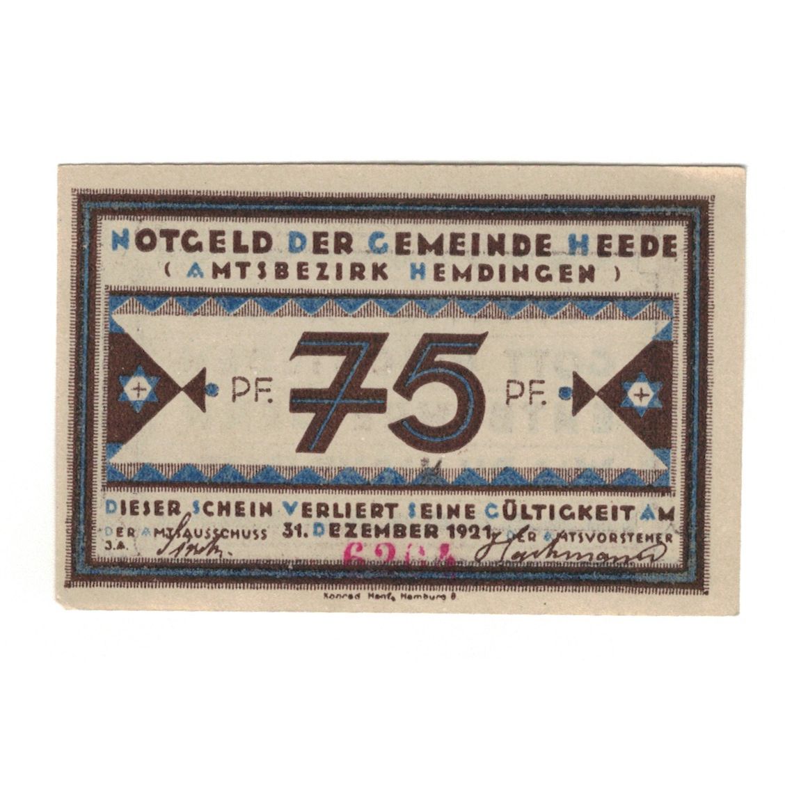 Biljet, Duitsland, Heede, 75 Pfennig, texte 1, 1921, 1921-12-31, SUP, Mehl:586.1