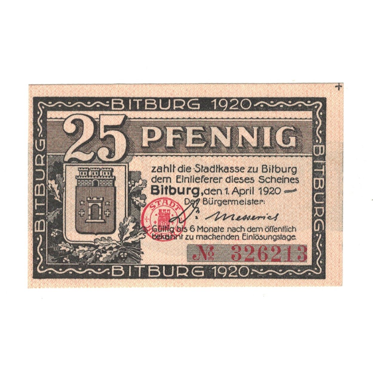 Banknote, Germany, Bitburg Stadt, 25 Pfennig, château, 1920, 1920-04-01
