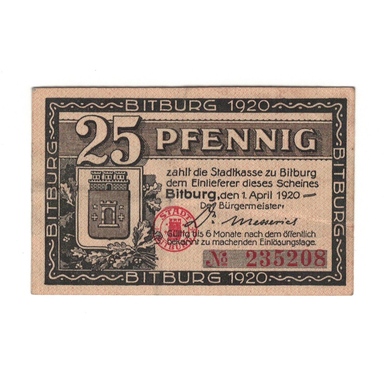 Billet, Allemagne, Bitburg Stadt, 25 Pfennig, chateau 1, 1920, 1920-04-01, SUP