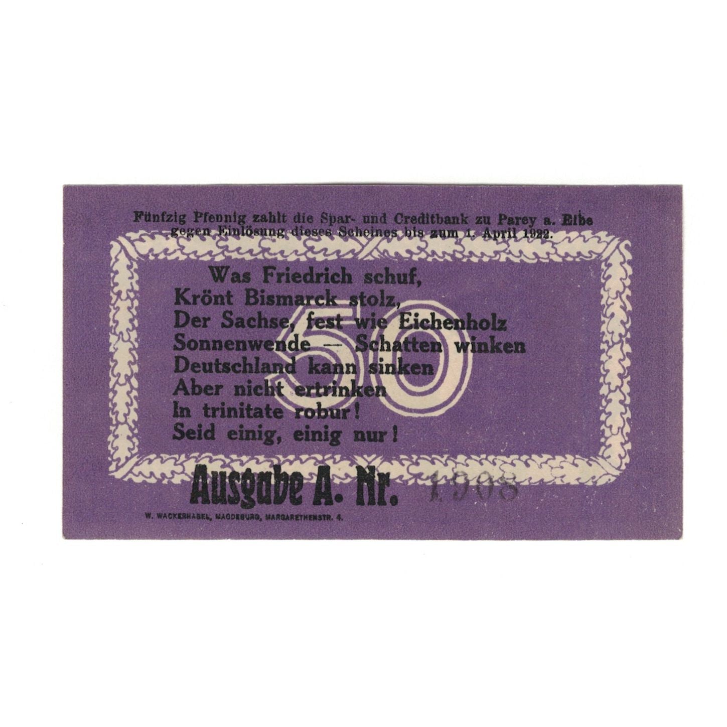 Geldschein, Deutschland, Parey a.d. Elbe Spar und Creditbank, 50 Pfennig, Texte