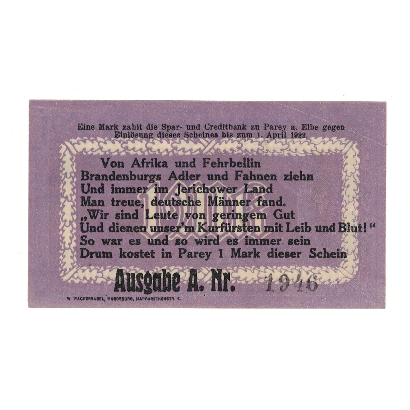 Billete, Alemania, Parey a.d. Elbe Spar und Creditbank, 1 Mark, Texte, 1921
