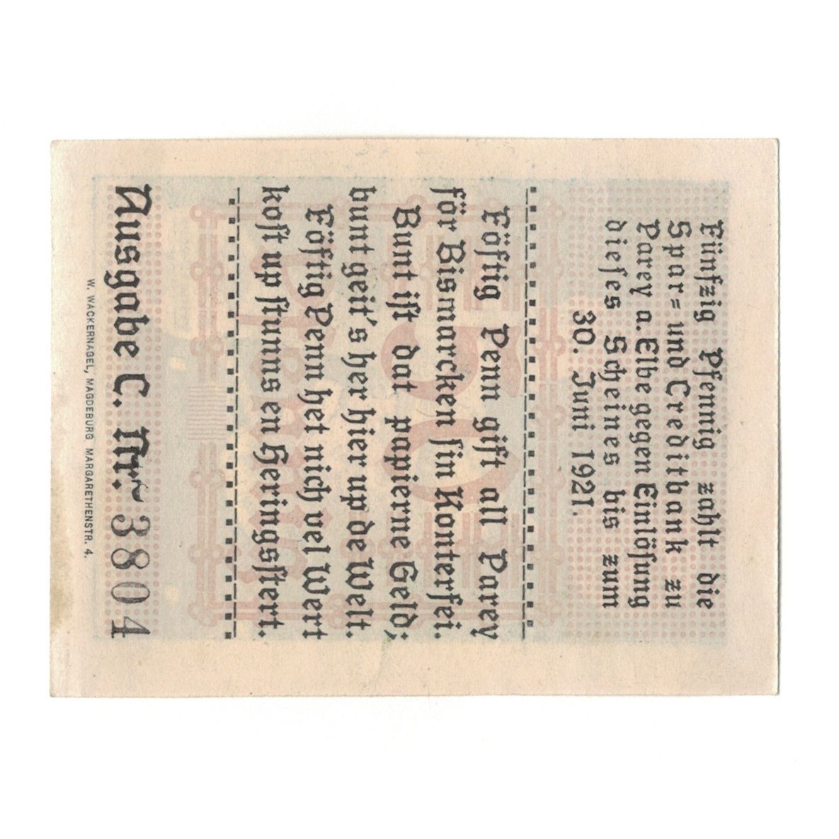 Billete, Alemania, Parey a.d. Elbe Spar und Creditbank, 50 Pfennig, Texte, 1921