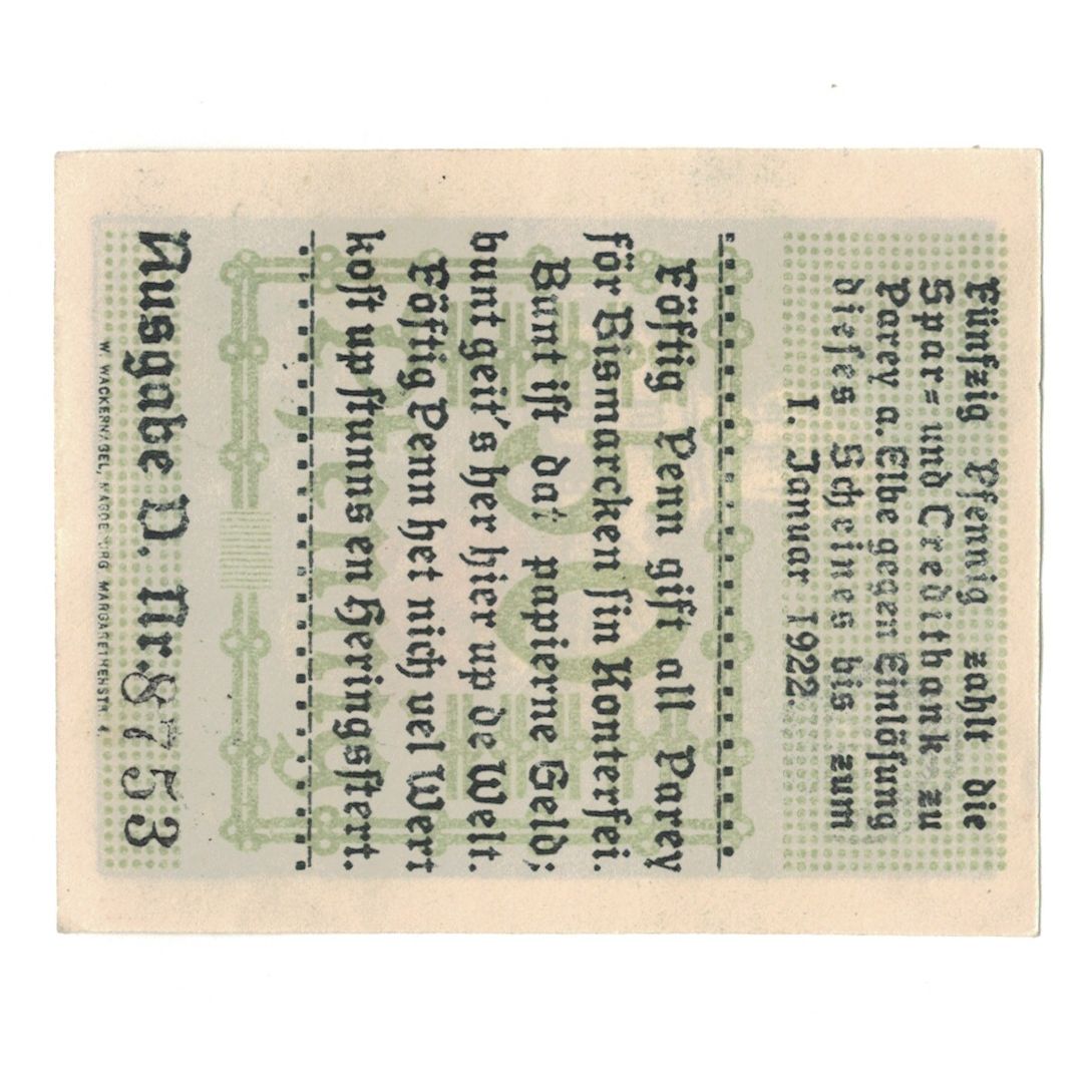 Banknote, Germany, Parey a.d. Elbe Spar und Creditbank, 50 Pfennig, texte 1