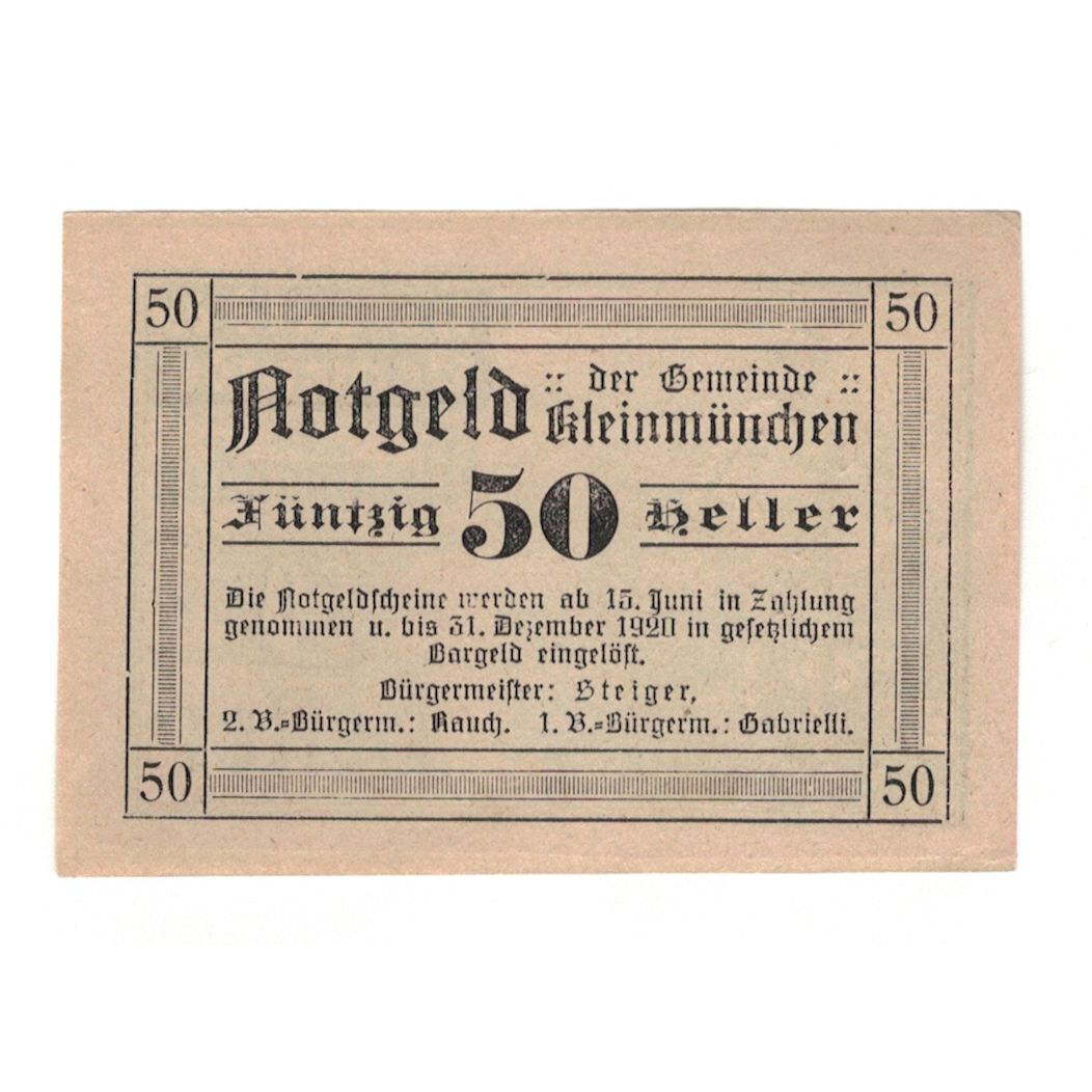 Banknote, Austria, Kleinmünchen O.Ö. Gemeinde, 50 Heller, personnage, 1920