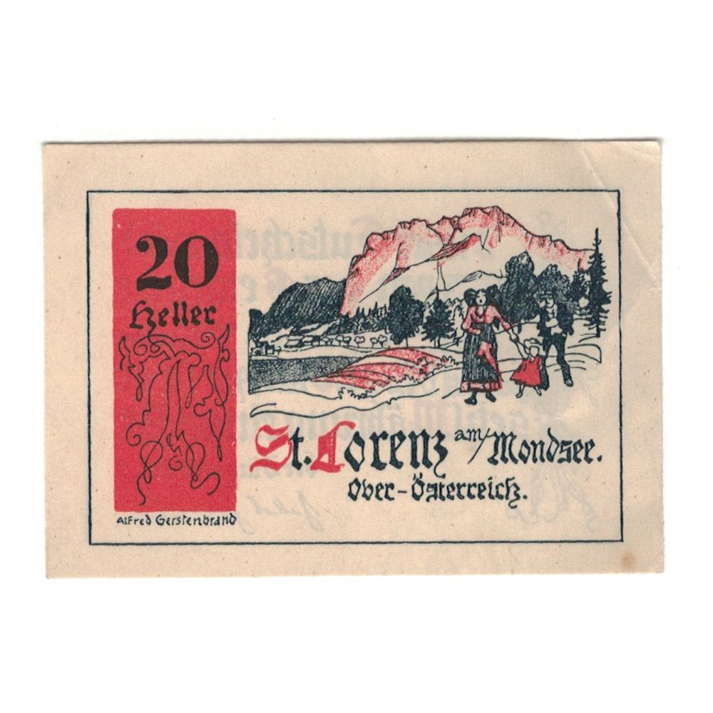 Banknote, Austria, St. Lorenz am Mondsee O.Ö. Gemeinde, 20 Heller, paysage