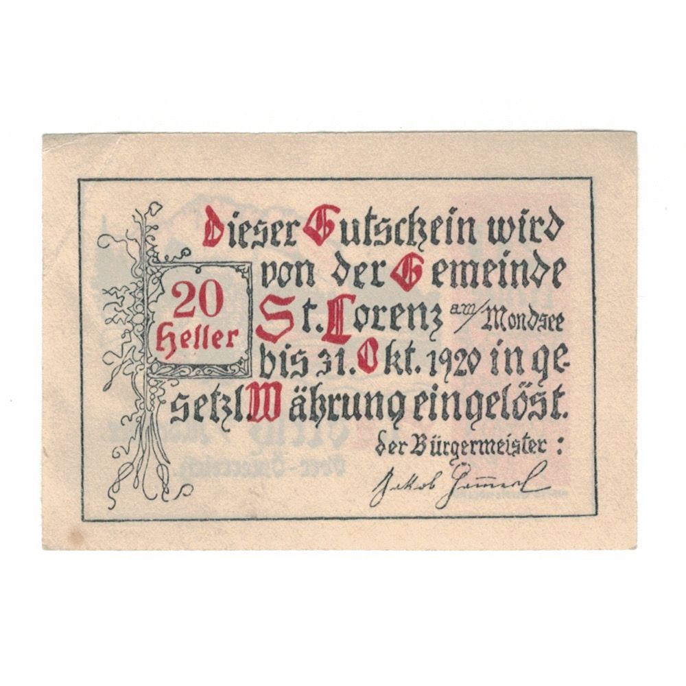Banknote, Austria, St. Lorenz am Mondsee O.Ö. Gemeinde, 20 Heller, paysage