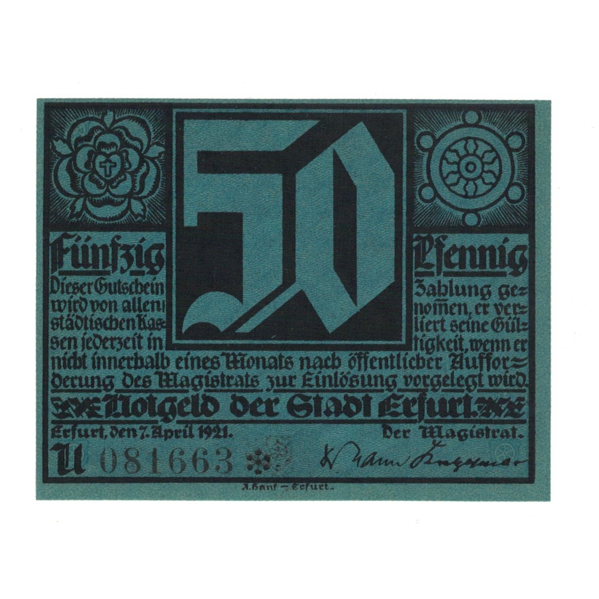Biljet, Duitsland, Erfurt Stadt, 50 Pfennig, personnage, 1921, 1921-04-07, SUP