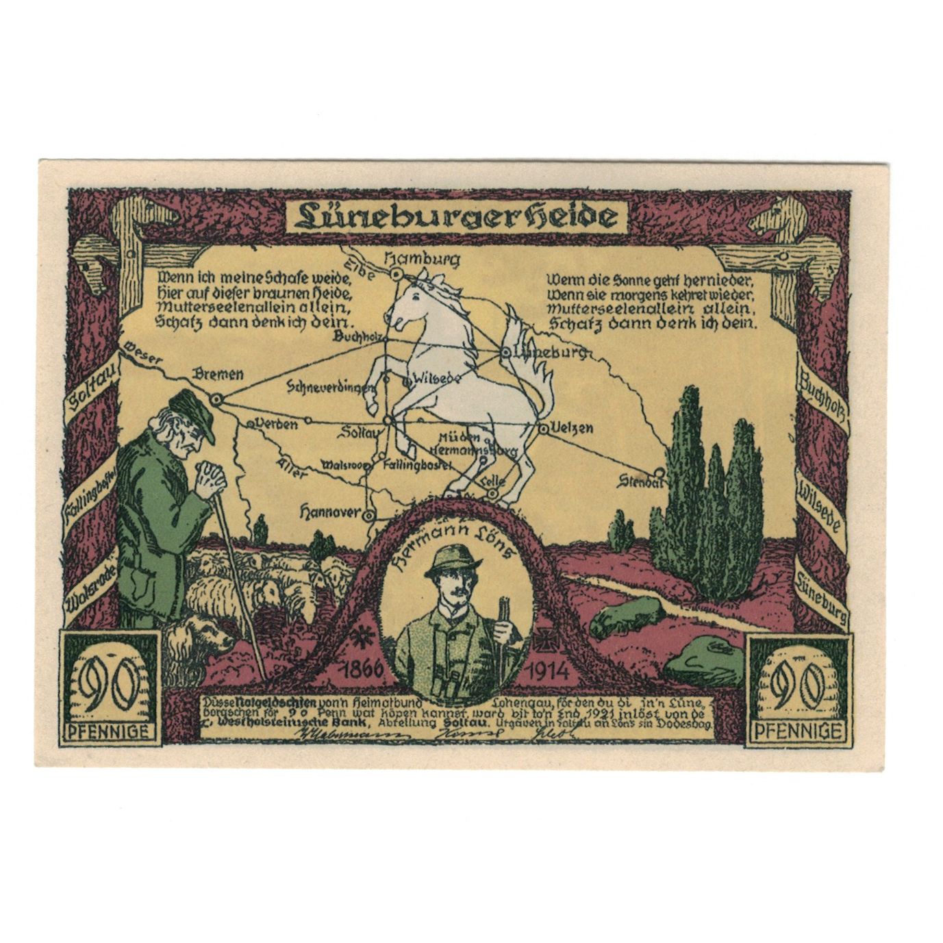 Biljet, Duitsland, Soltau Heimatbund Lohengau, 90 Pfennig, champs, 1921, SUP