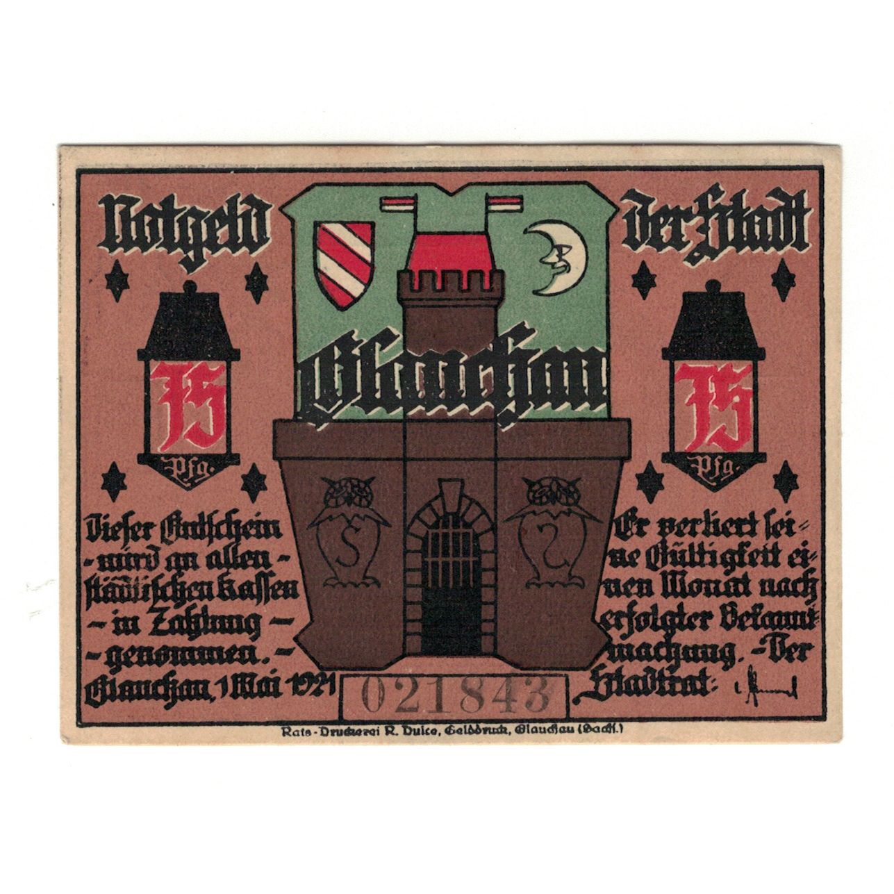 Biljet, Duitsland, Glauchau Stadt, 75 Pfennig, personnage, 1921, 1921-05-01