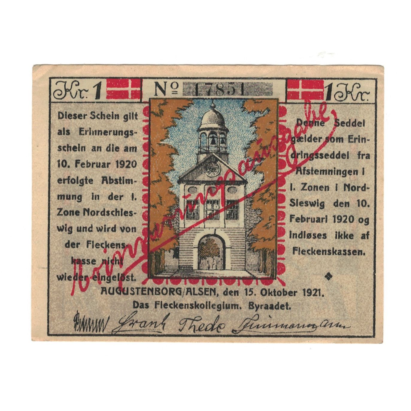 Geldschein, Deutschland, Augustenburg Stadt, 1 Mark, Texte, 1920, 1921-10-15