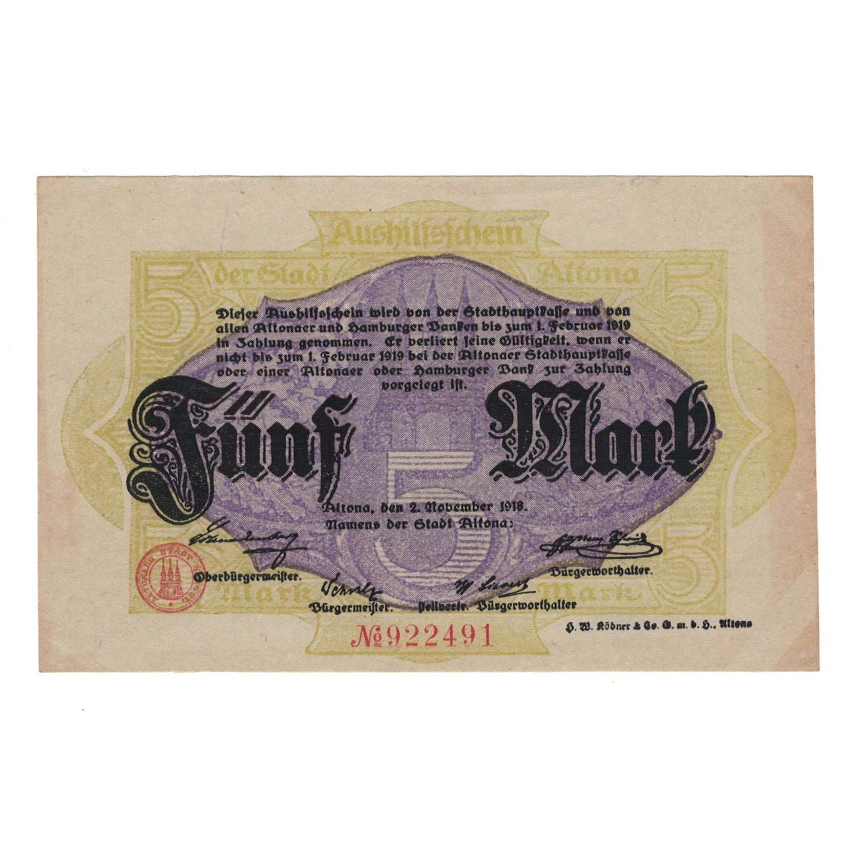 Biljet, Duitsland, Altona, 5 Mark, valeur faciale, 1919, 1919-02-01, SUP