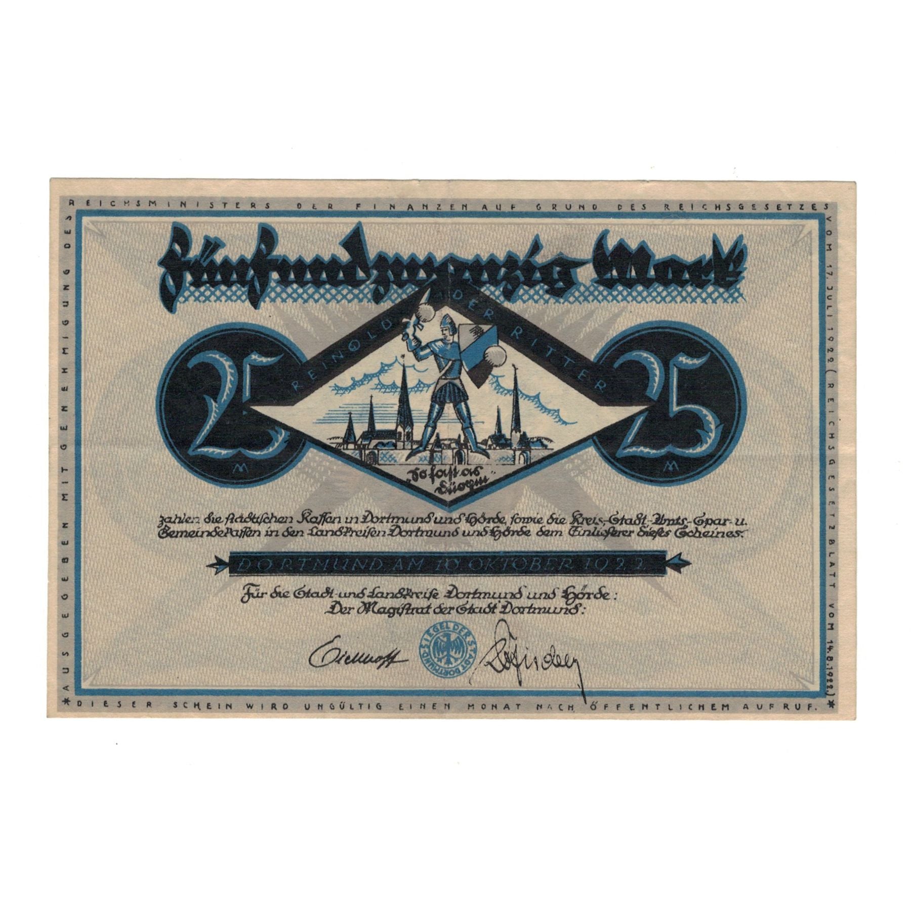 Banknote, Germany, Dortmund und Hörde Stadt und Landkreise, 25 MARK