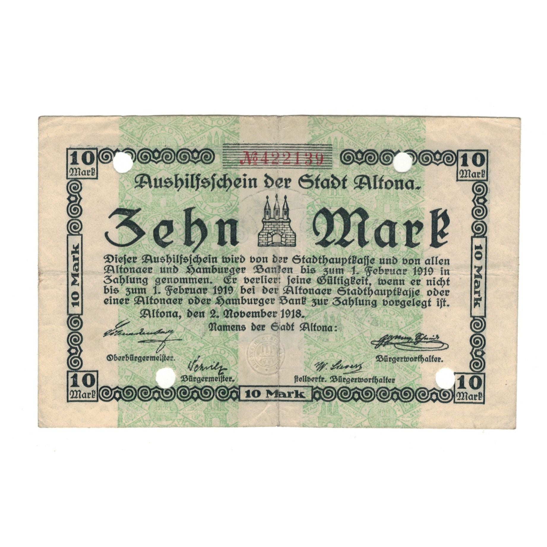 Billete, Alemania, Augustenburg Stadt, 10 Mark, valeur faciale, 1918