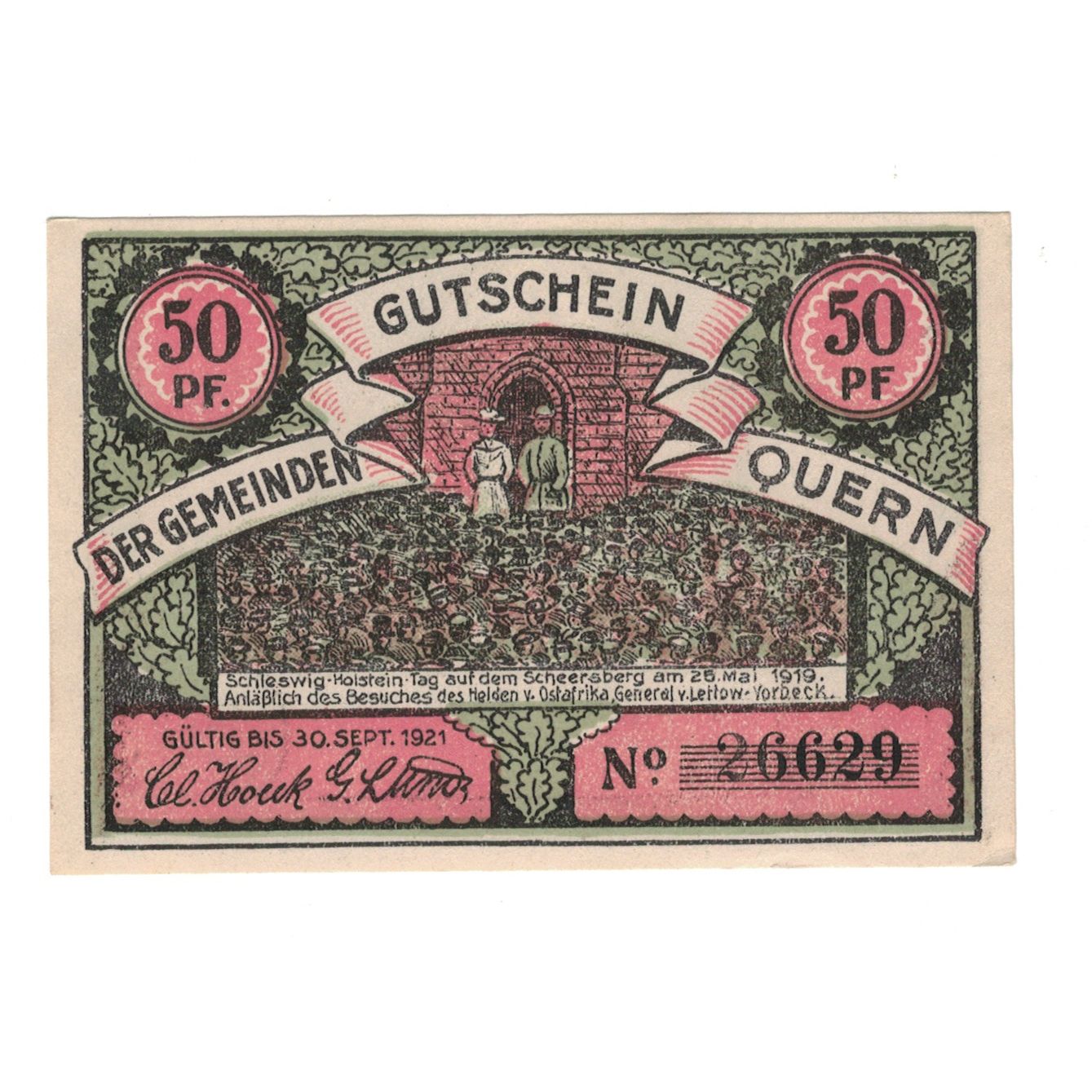 Billete, Alemania, Quern Gemeinde, 50 Pfennig, Monument, 1921, 1921-09-30, SC