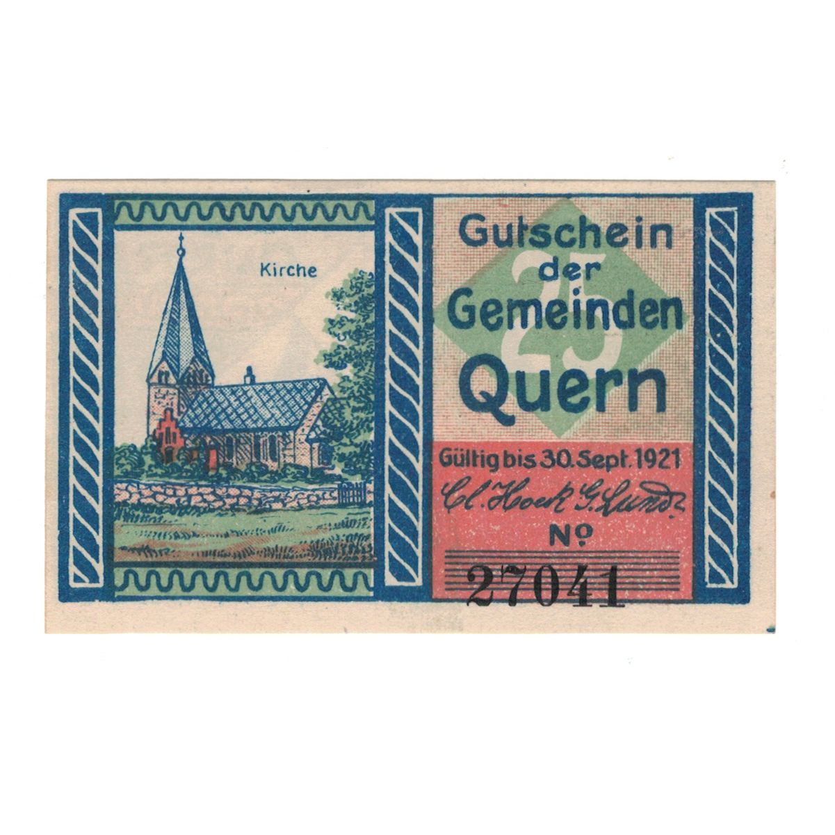 Banknote, Germany, Quern Gemeinde, 25 Pfennig, Eglise, 1921, 1921-09-30