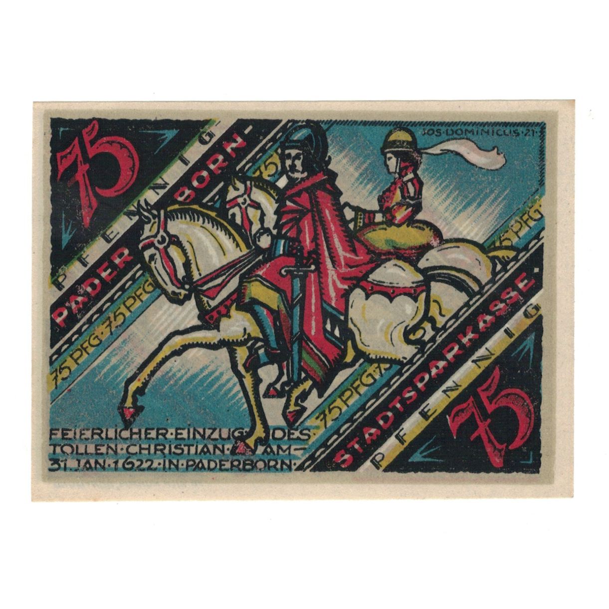 Biljet, Duitsland, Paderborn Stadt, 75 Pfennig, personnage, 1921, 1921-11-10