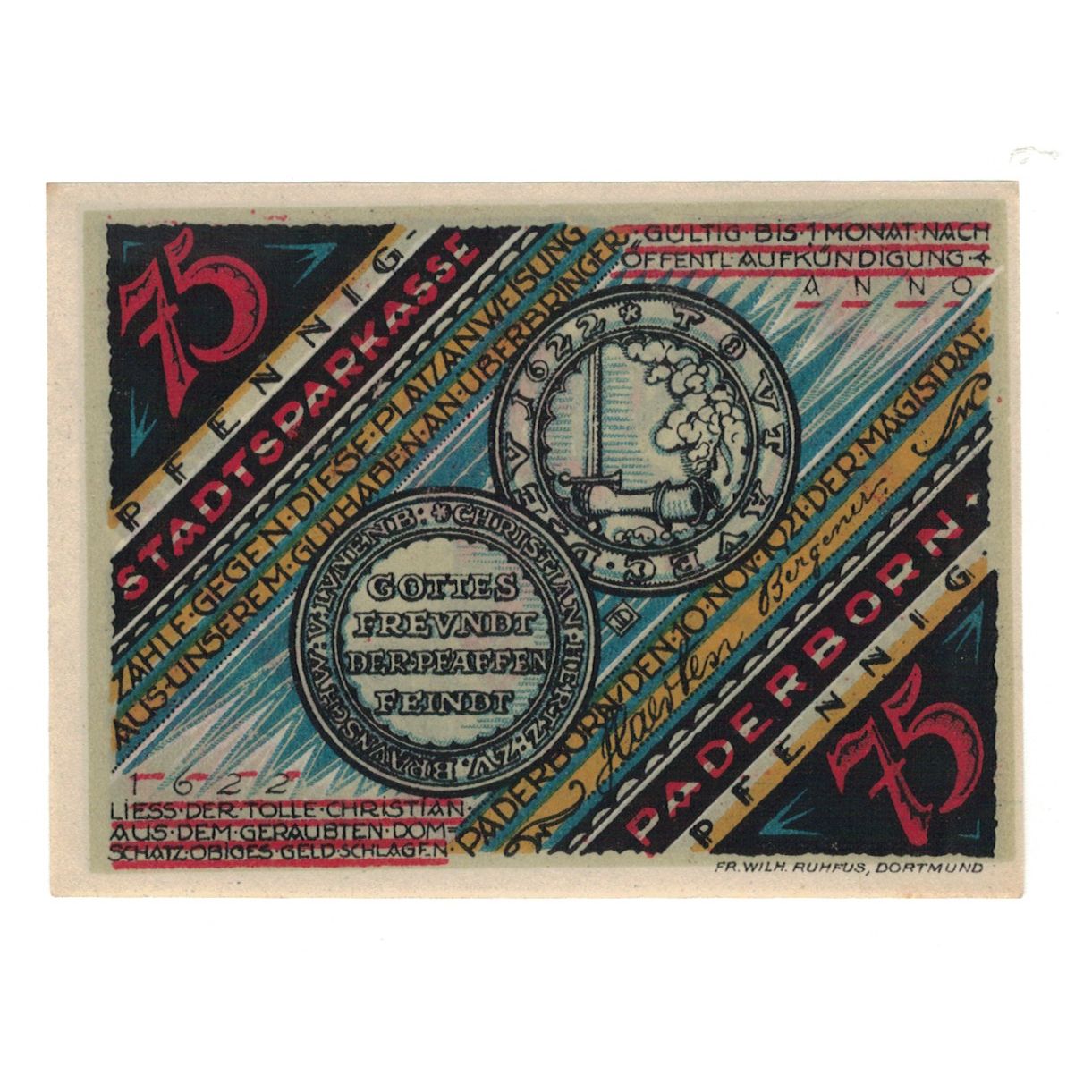 Biljet, Duitsland, Paderborn Stadt, 75 Pfennig, personnage, 1921, 1921-11-10