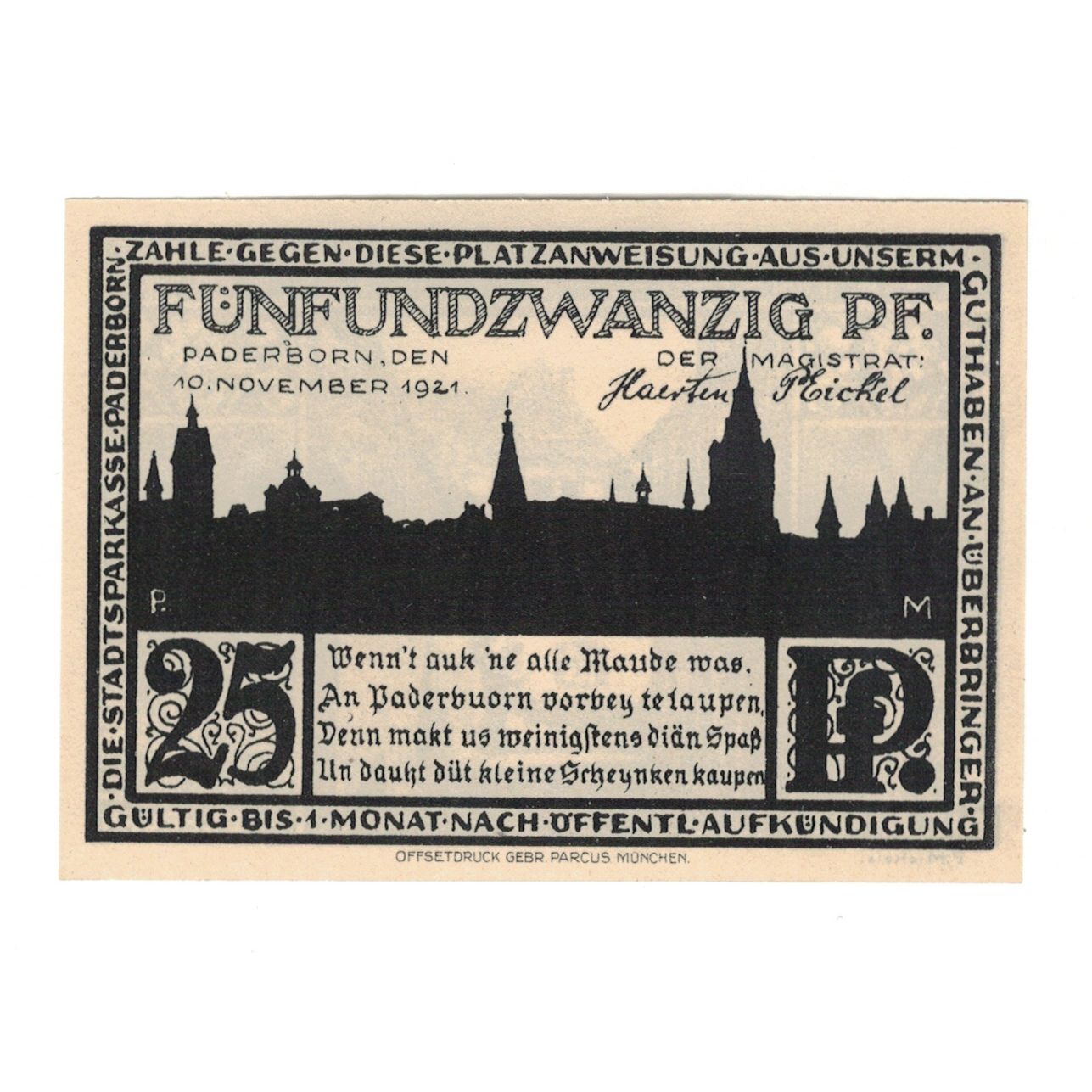 Billete, Alemania, Paderborn Evangelische Kirchenkasse, 25 Pfennig, village